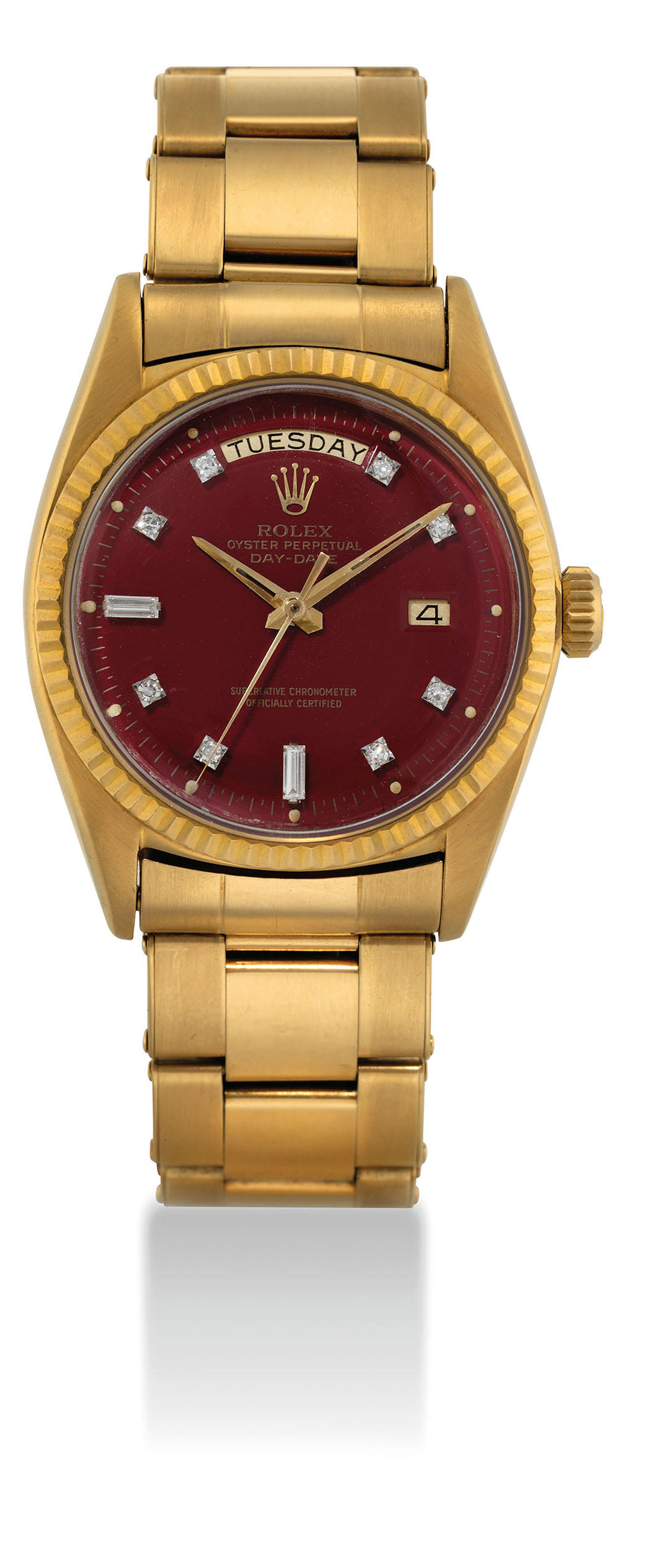 ROLEX. A FINE AND RARE 18K WHITE GOLD AND DIAMOND SET AUTOMATIC WRISTWATCH WITH SWEEP CENTRE SECONDS DAY DATE AND BRACELET SIGNED ROLEX OYSTER PERPETUAL DAY DATE MODEL REF. 118339 CASE NO. P197042 CIR...