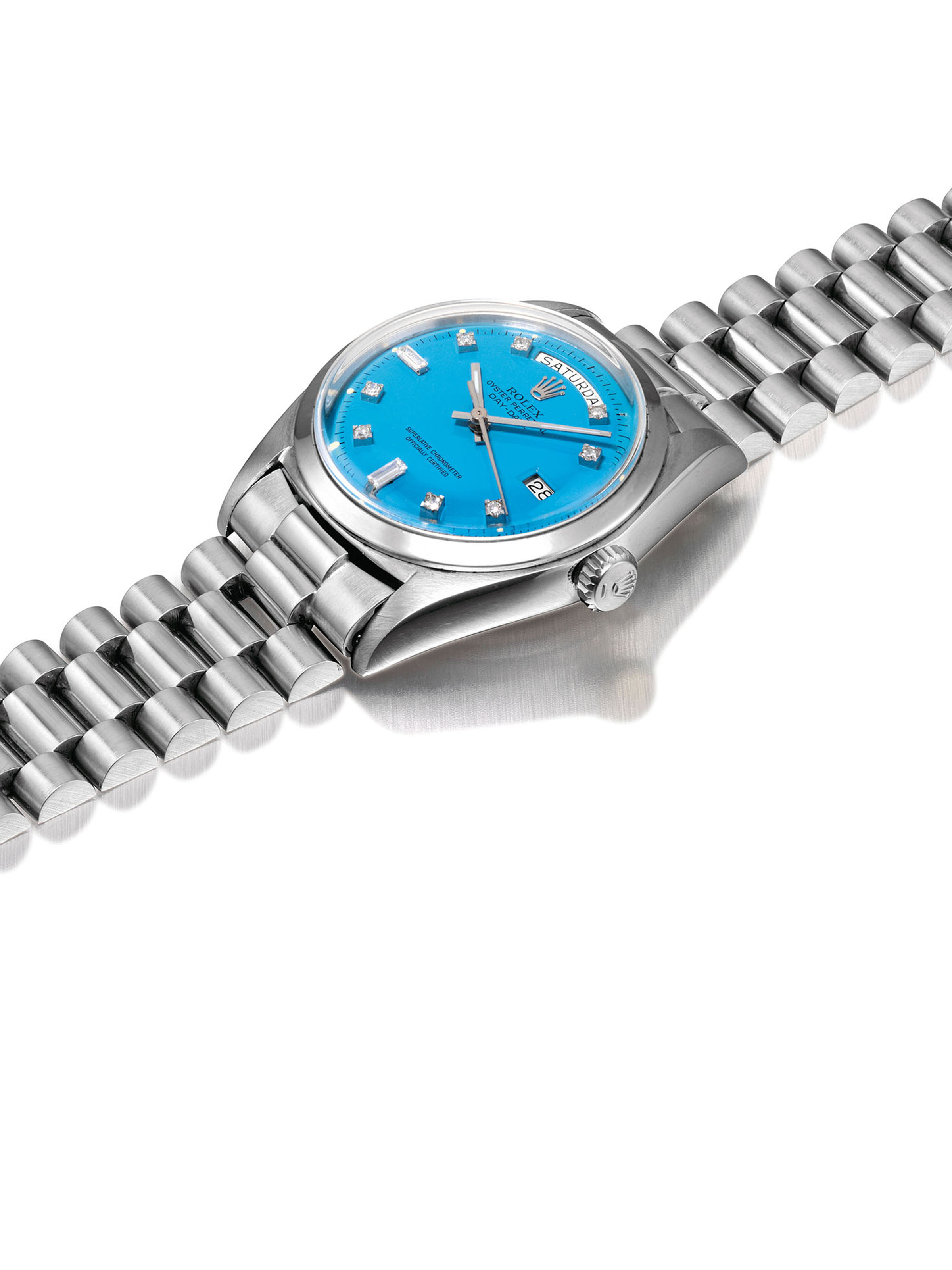 ROLEX. A FINE AND RARE 18K WHITE GOLD AND DIAMOND-SET
