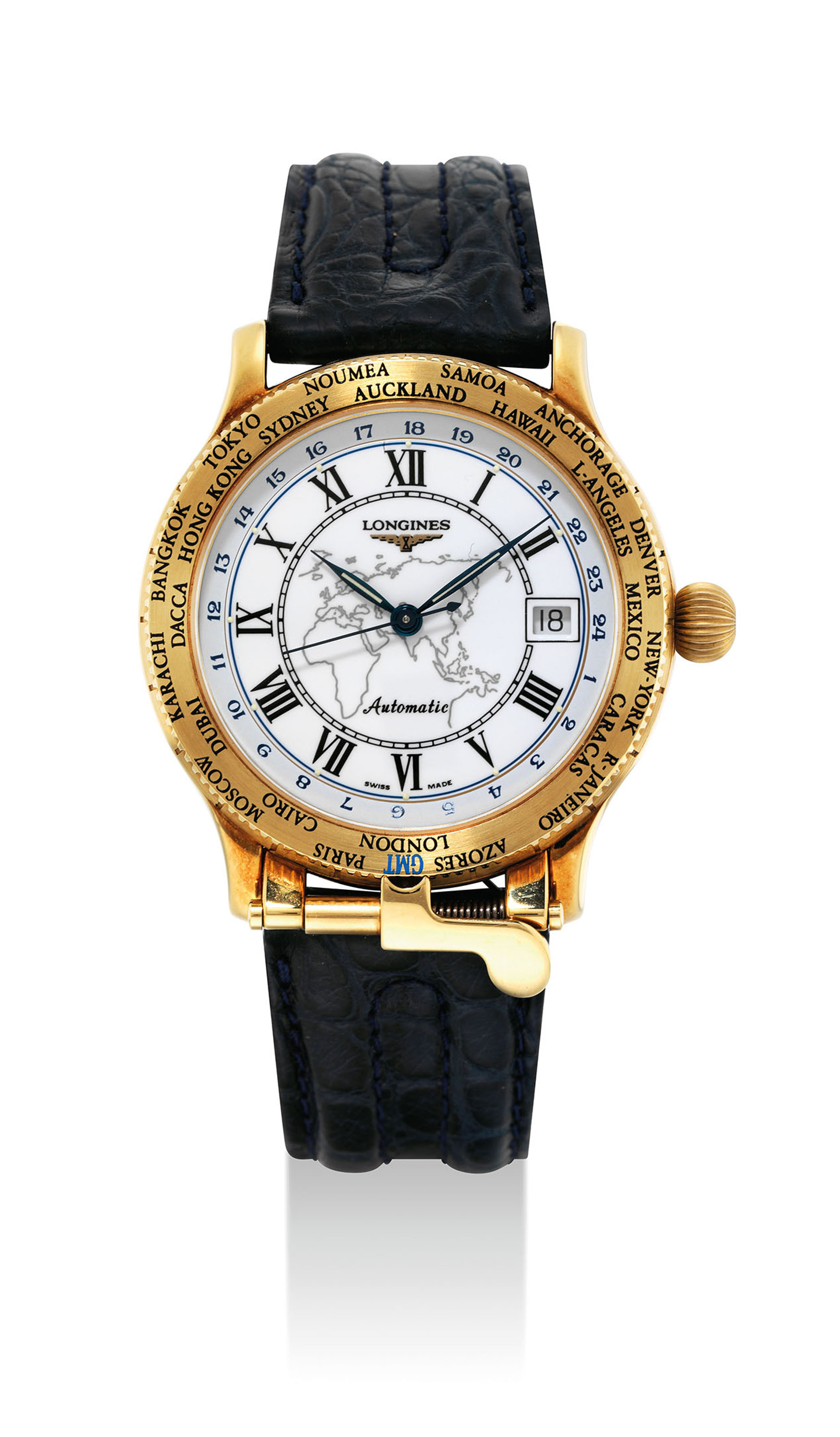 LONGINES. A RARE 18K GOLD LIMITED EDITION AUTOMATIC WORLD TIME
