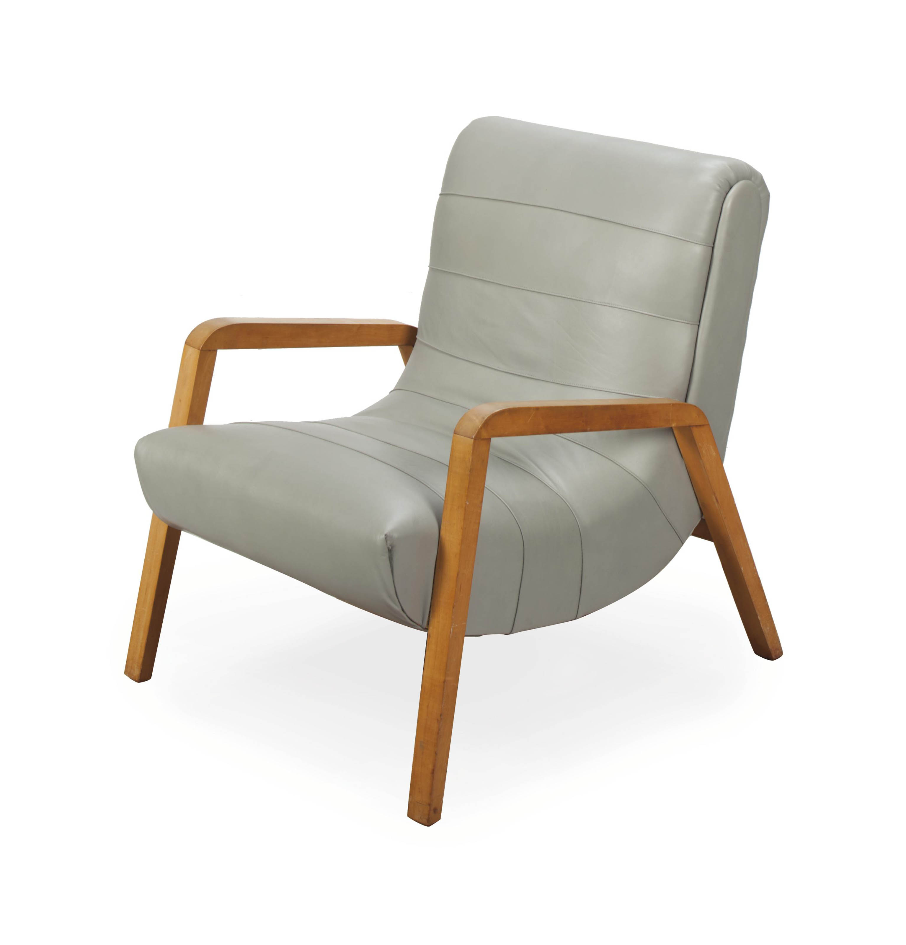 AN AMERICAN MAPLE AND GREY LEATHERUPHOLSTERED CLUB CHAIR, , NORMAN BEL