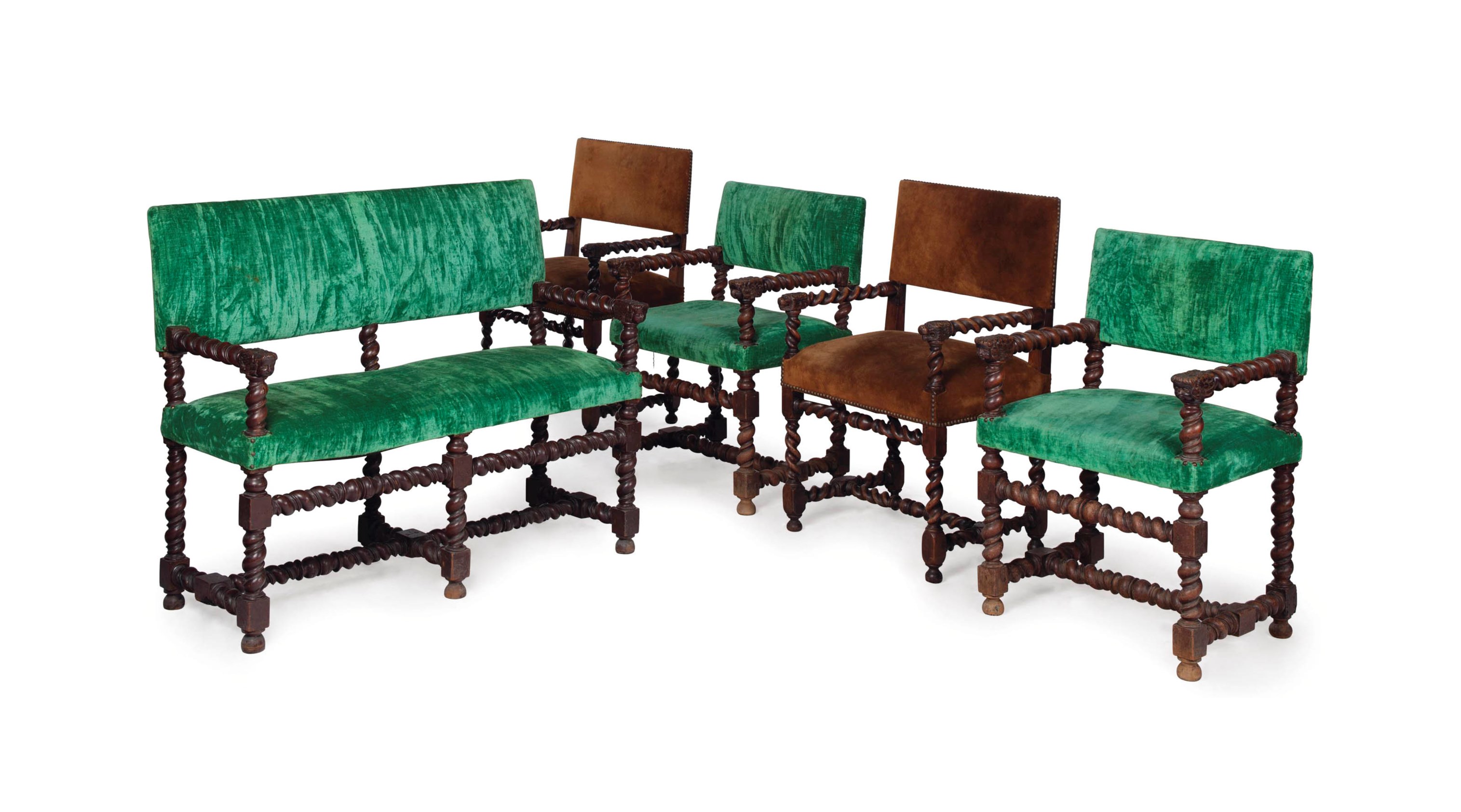 AN ASSEMBLED CONTINENTAL CARVED WALNUT SUITE OF FURNITURE,