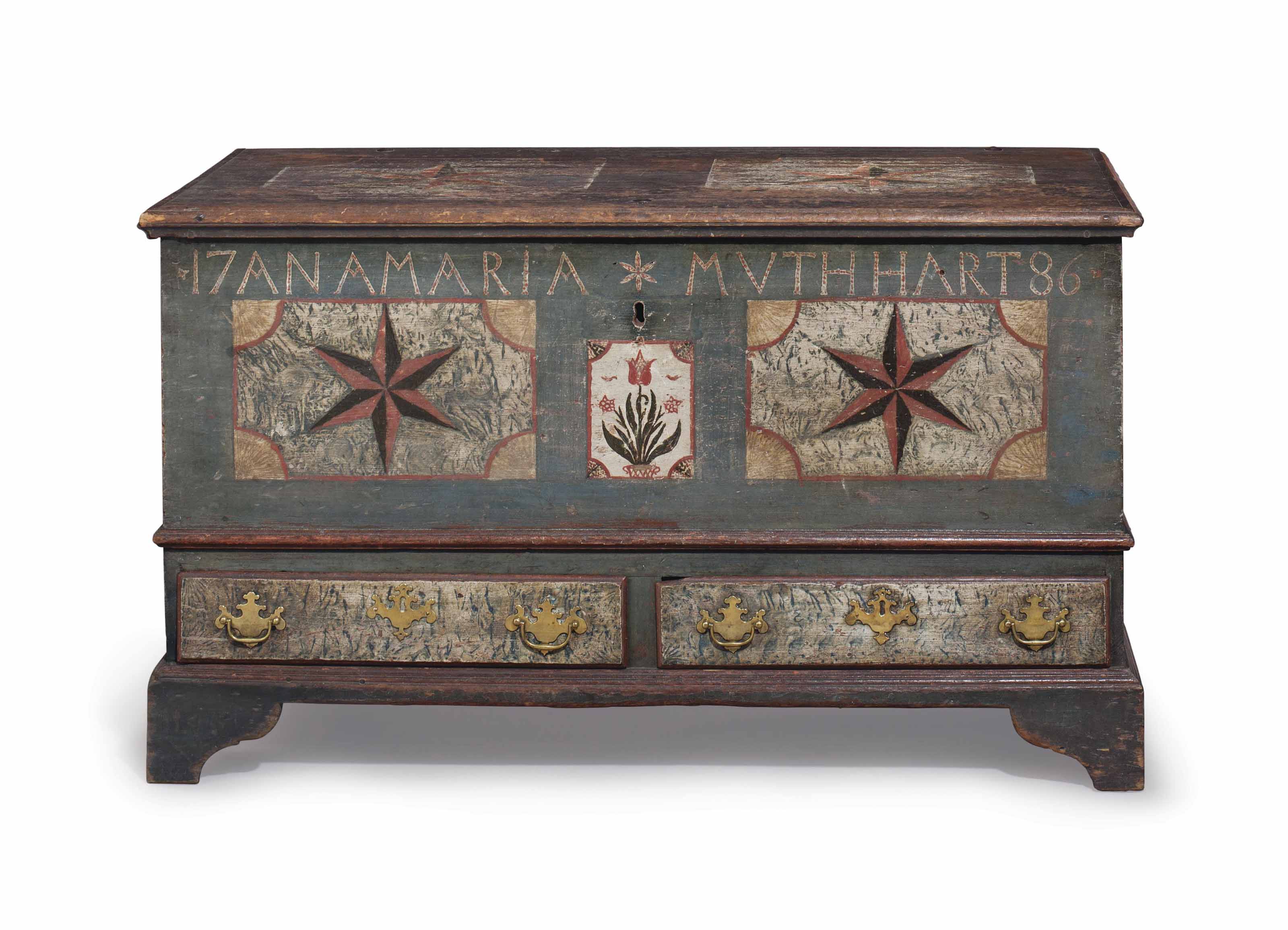 A PAINTED AND POLYCHROMEDECORATED PINE BLANKET CHEST , SOUTHEASTERN