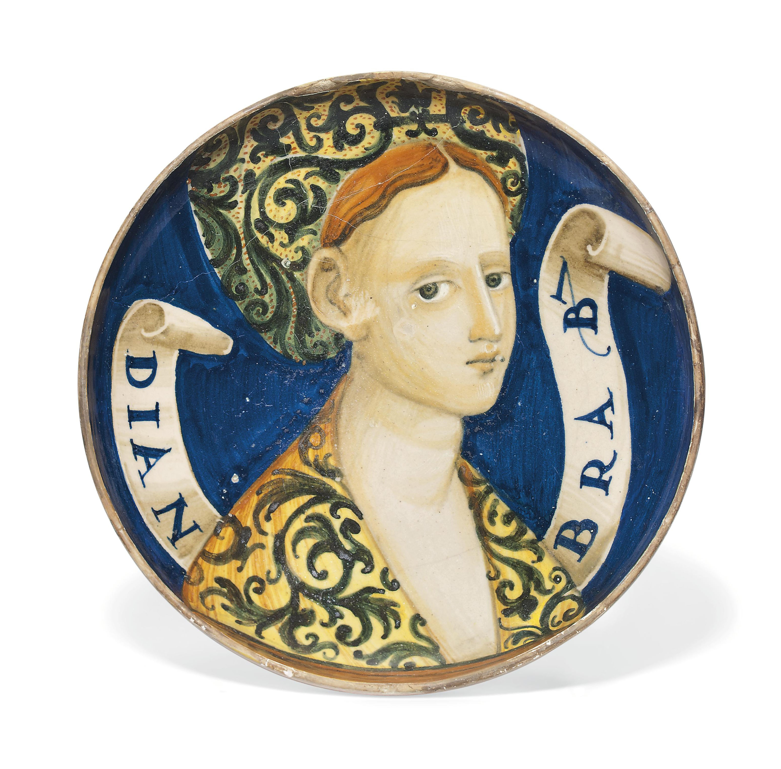 AN ITALIAN MAIOLICA BELLA DONNA FOOTED DISH (COPPA)