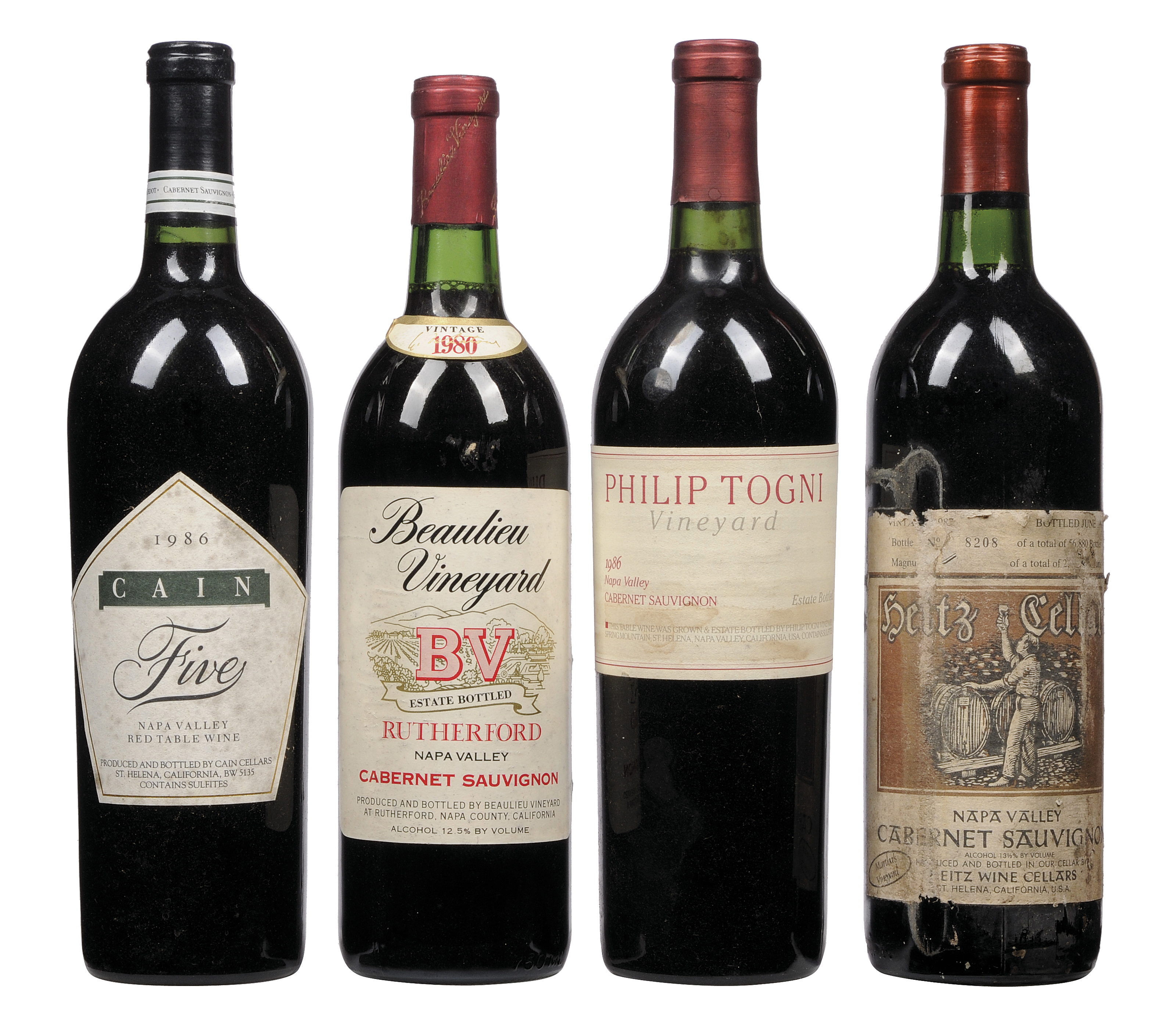 Philip Togni Cabernet Sauvignon Vintage 1986 Levels Into Neck One Wine Stained Label Glue Stained Labels 2 Heitz Cellars Martha S Vineyard Cabernet Sauvignon Vintage 1987 Levels Bottom Neck Scuffed Torn And Bin Soiled Label 1 Beaulieu