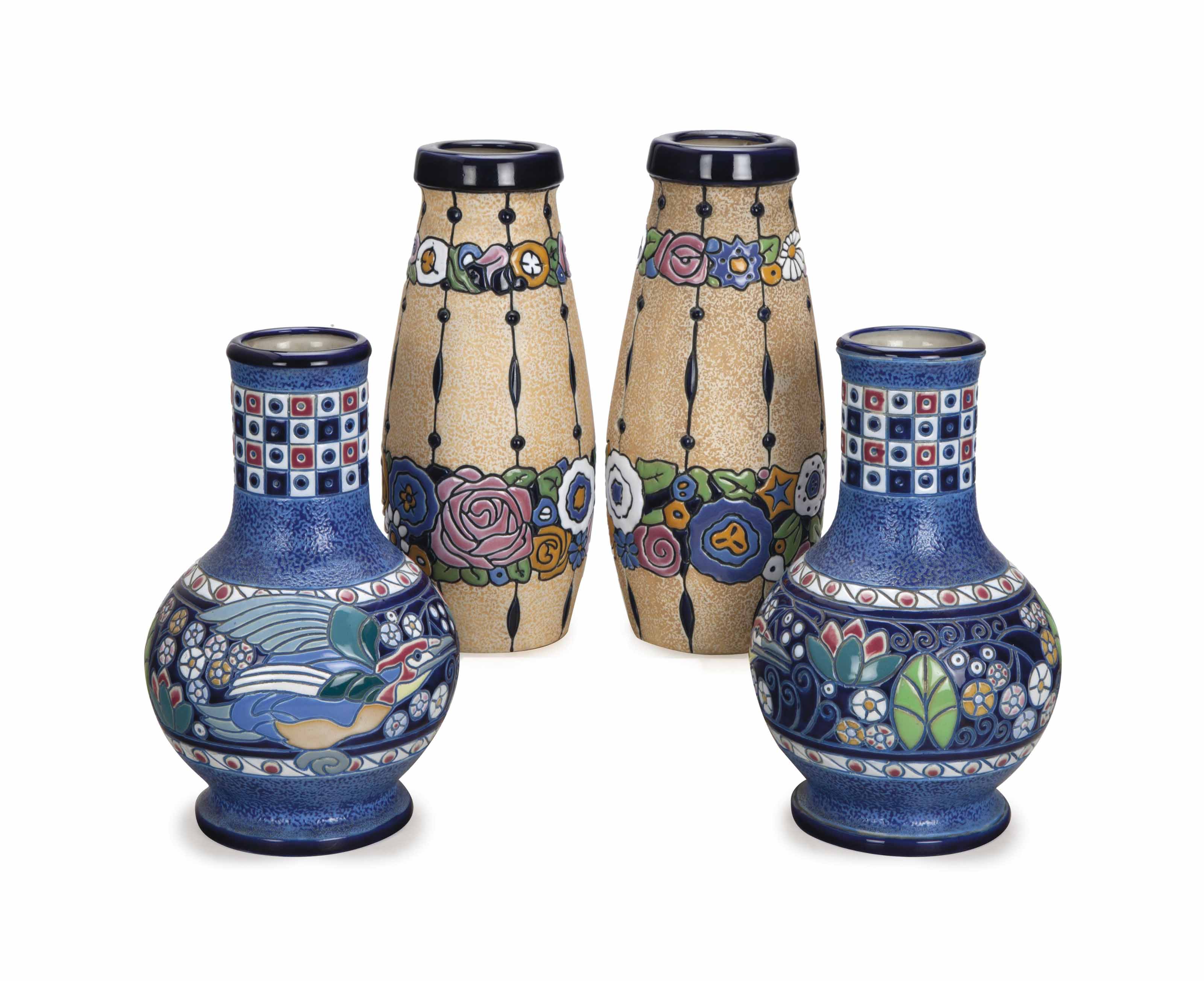 TWO PAIRS OF CZECHOSLOVAKIAN POTTERY VASES, , BLUE PRINTED MARK FOR