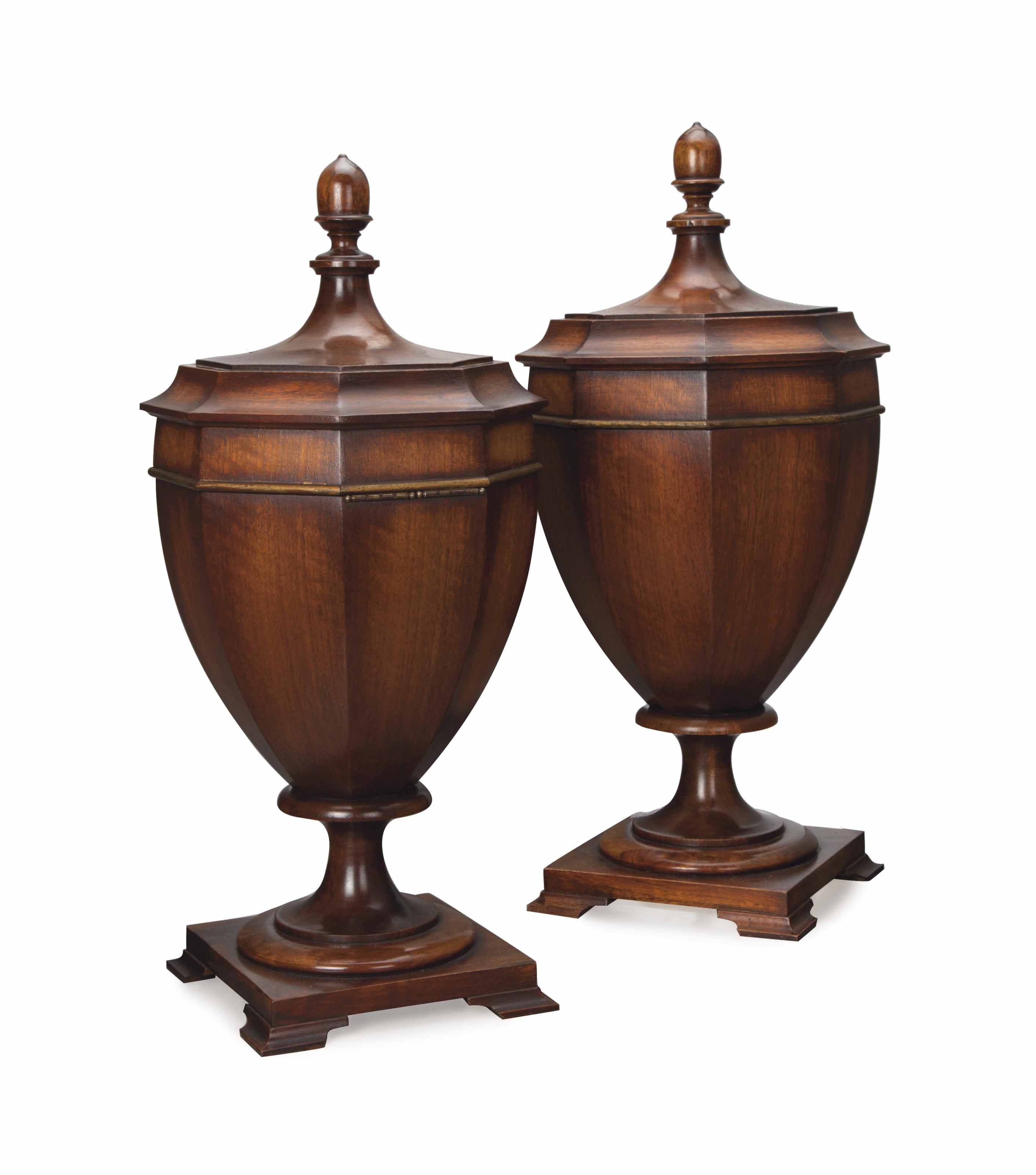 A PAIR OF ENGLISH MAHOGANY URNFORM CUTLERY BOXES,