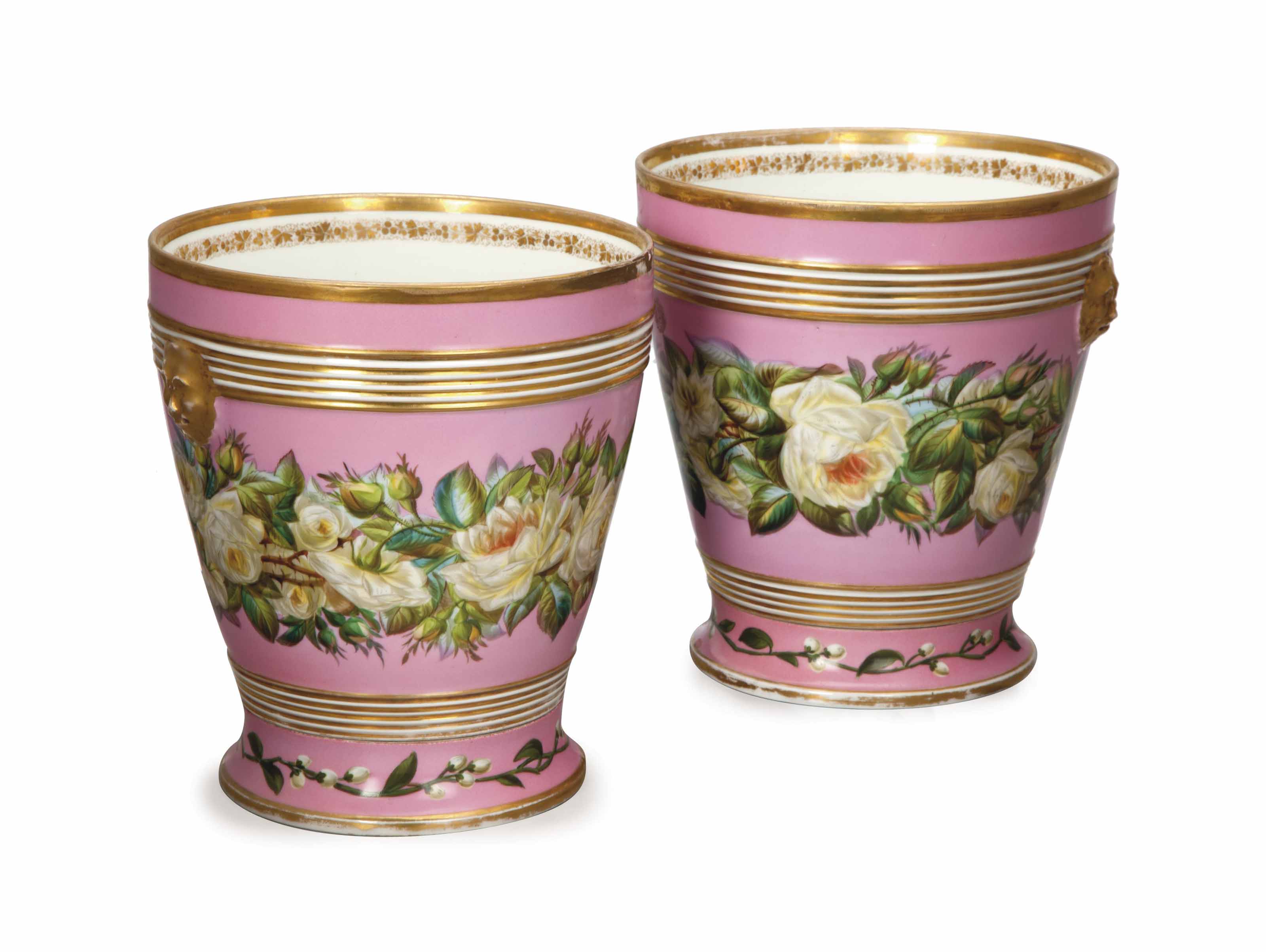 A PAIR OF PARIS PINKGROUND FLOWER POTS AND STANDS, , 19TH CENTURY