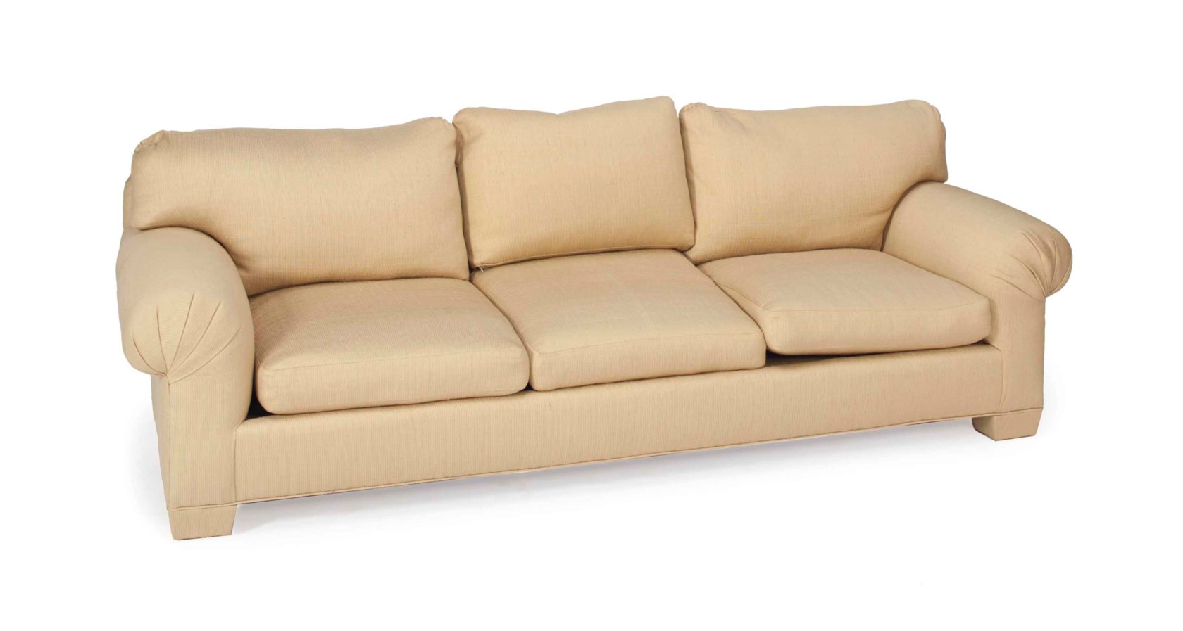 A PAIR OF BEIGE UPHOLSTERED THREESEAT SOFAS,