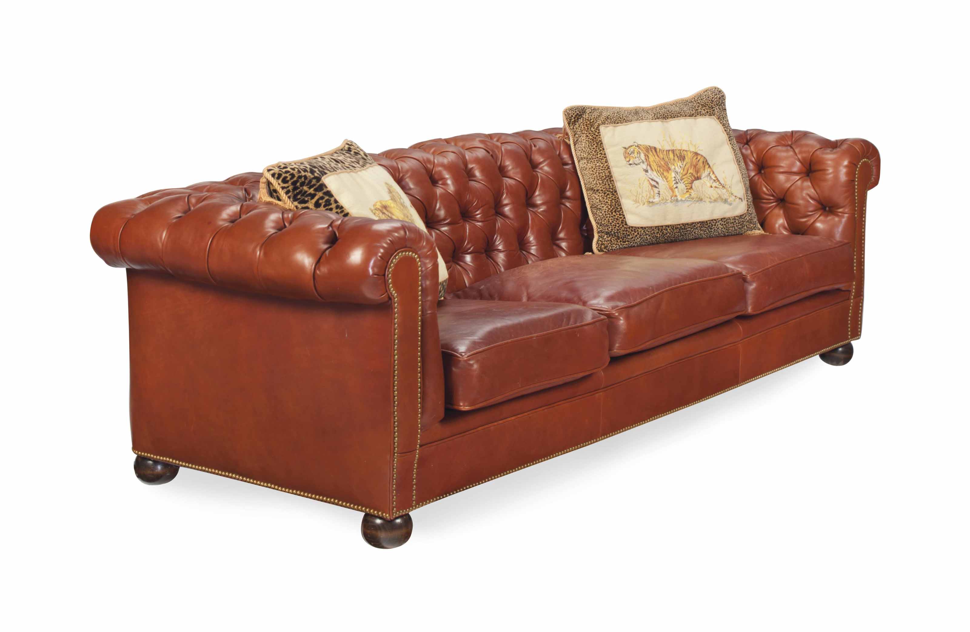 A BROWN LEATHER-UPHOLSTERED BUTTON-TUFTED SOFA, , MODERN ...
