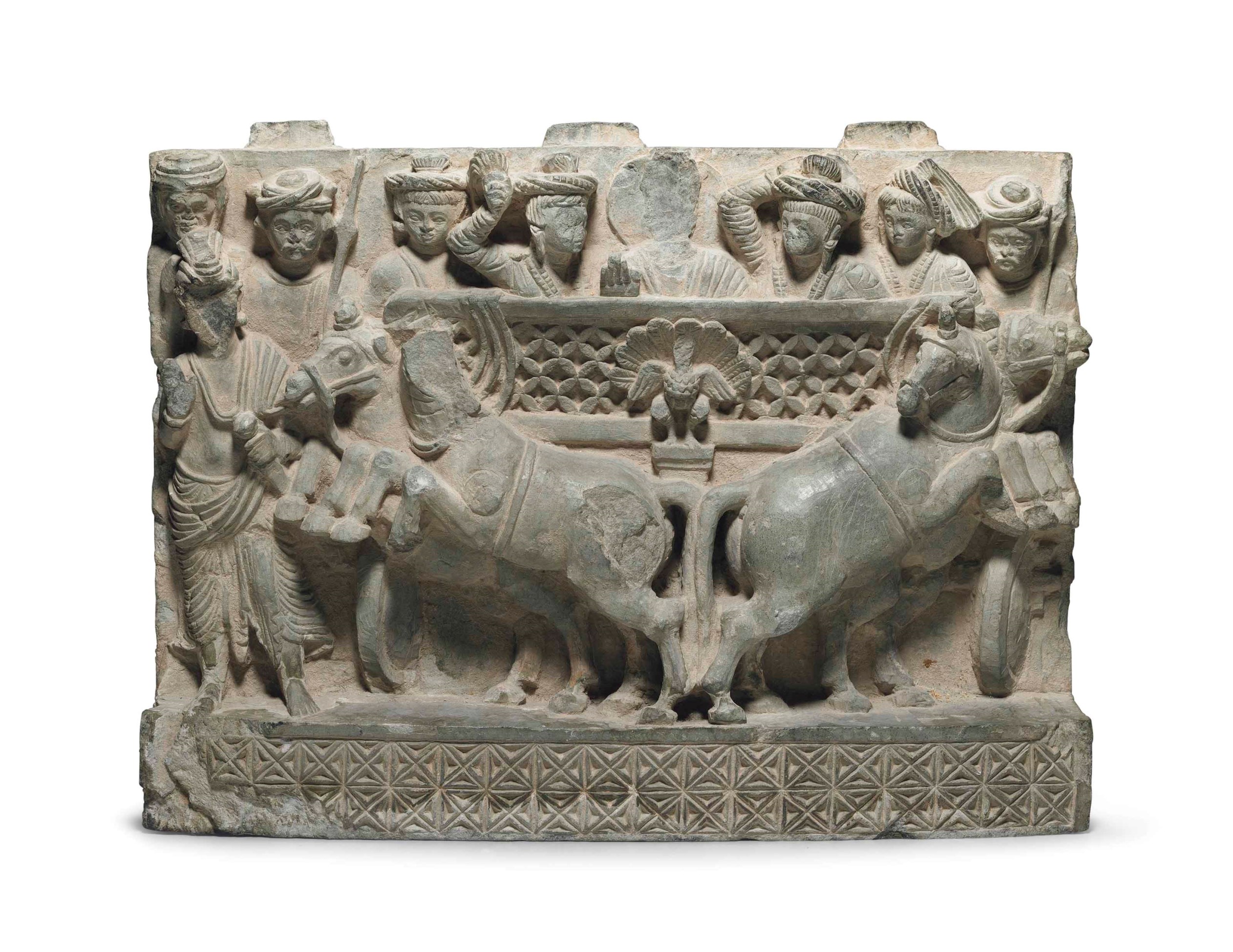 A rare green schist relief with the Buddha riding a chariot , GANDHARA ...