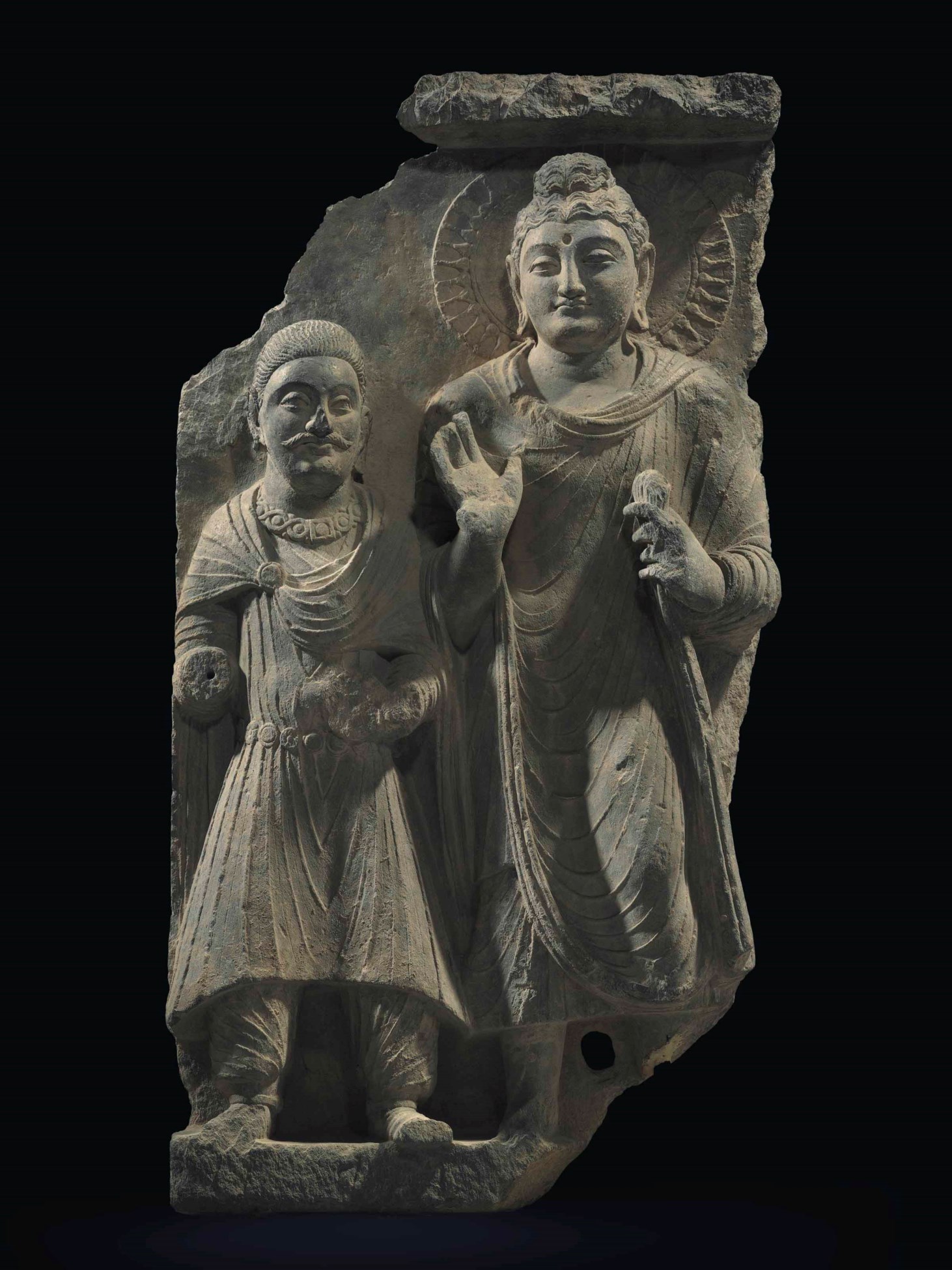 A rare green schist relief of Buddha and a royal donor , GANDHARA, 2ND ...
