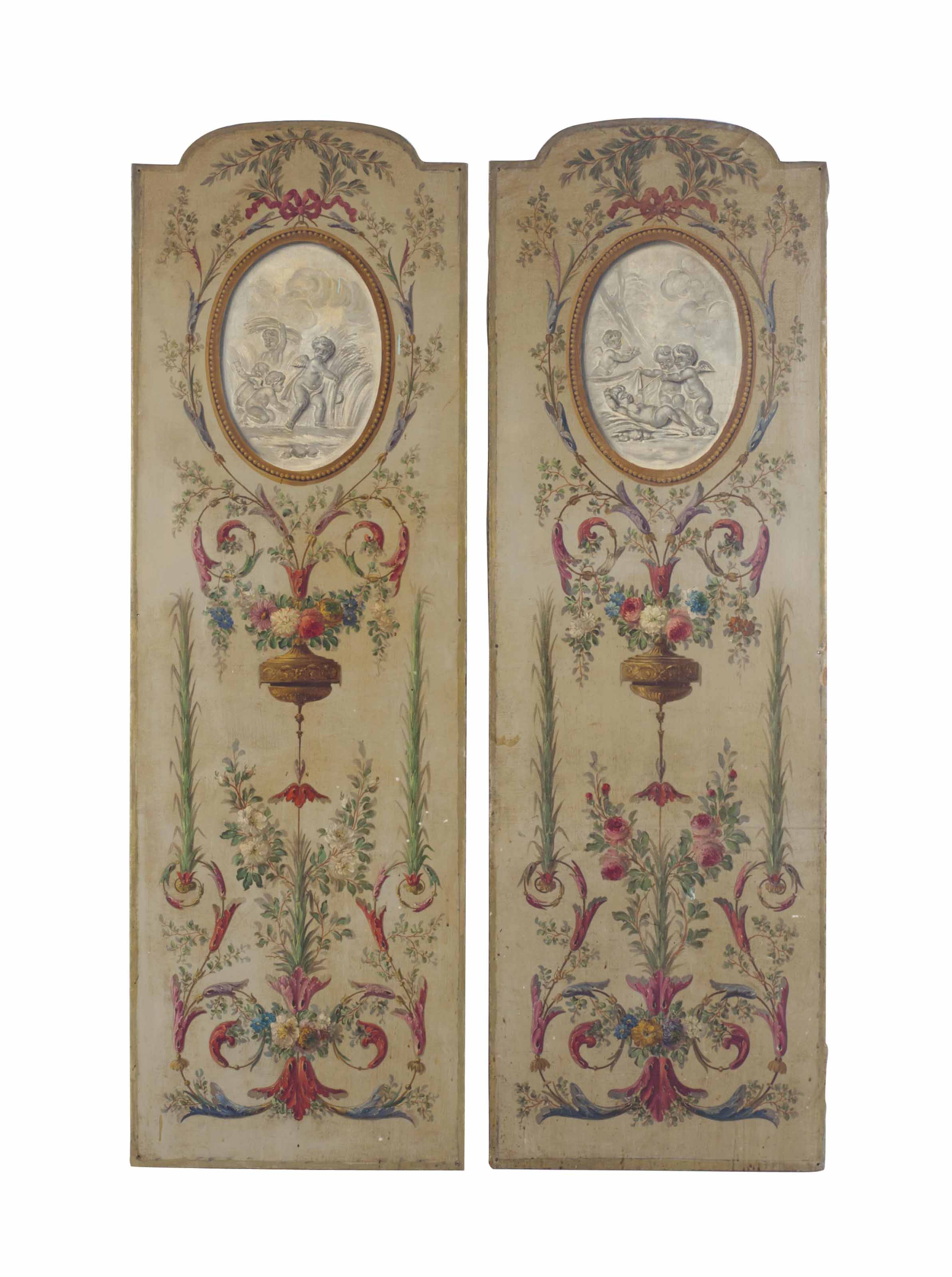 A PAIR OF FRENCH PAINTED CANVAS WALL PANELS, , PROBABLY 19TH CENTURY