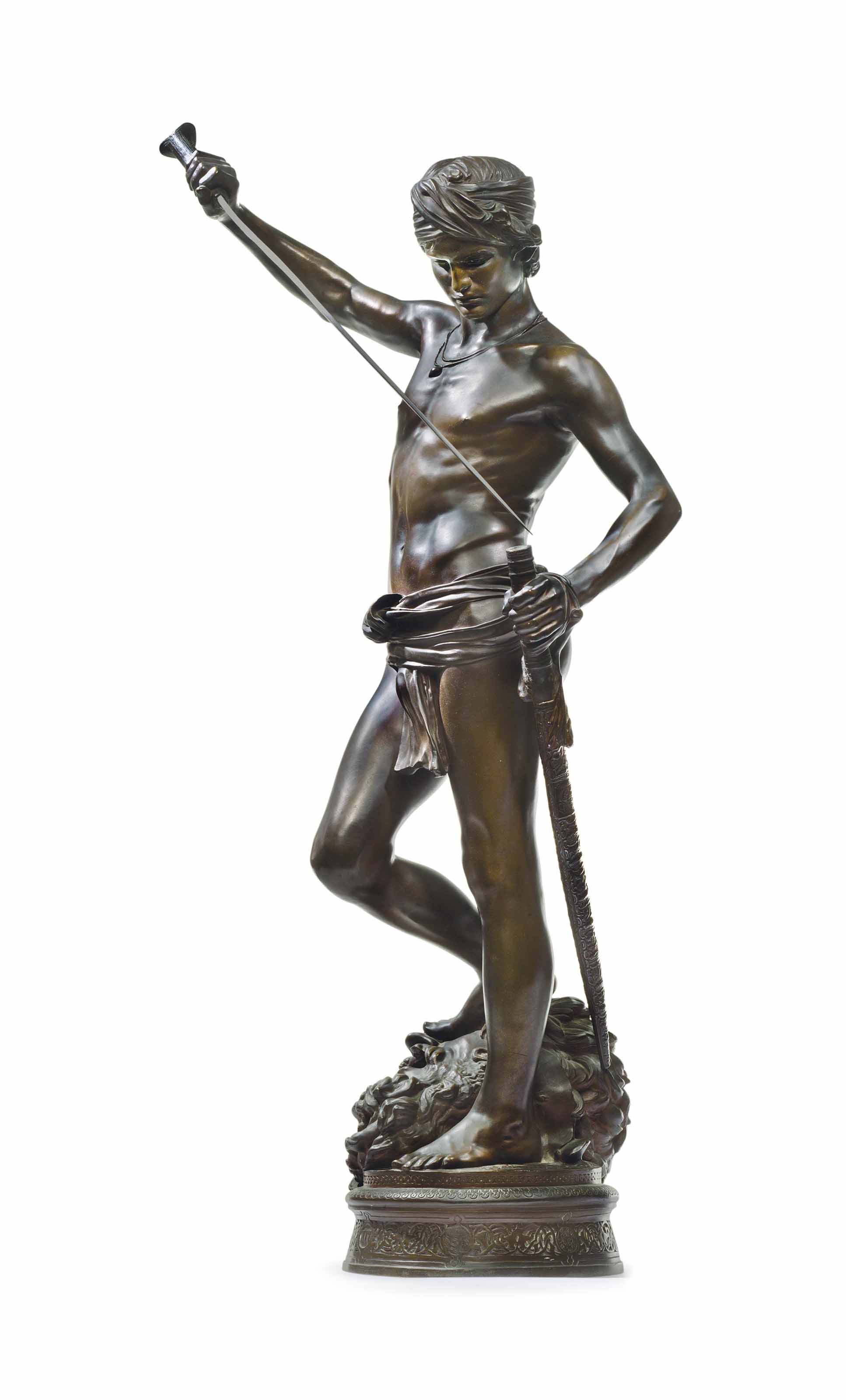 A FRENCH PATINATED BRONZE FIGURE ENTITLED 'DAVID VAINQUEUR' , CAST BY