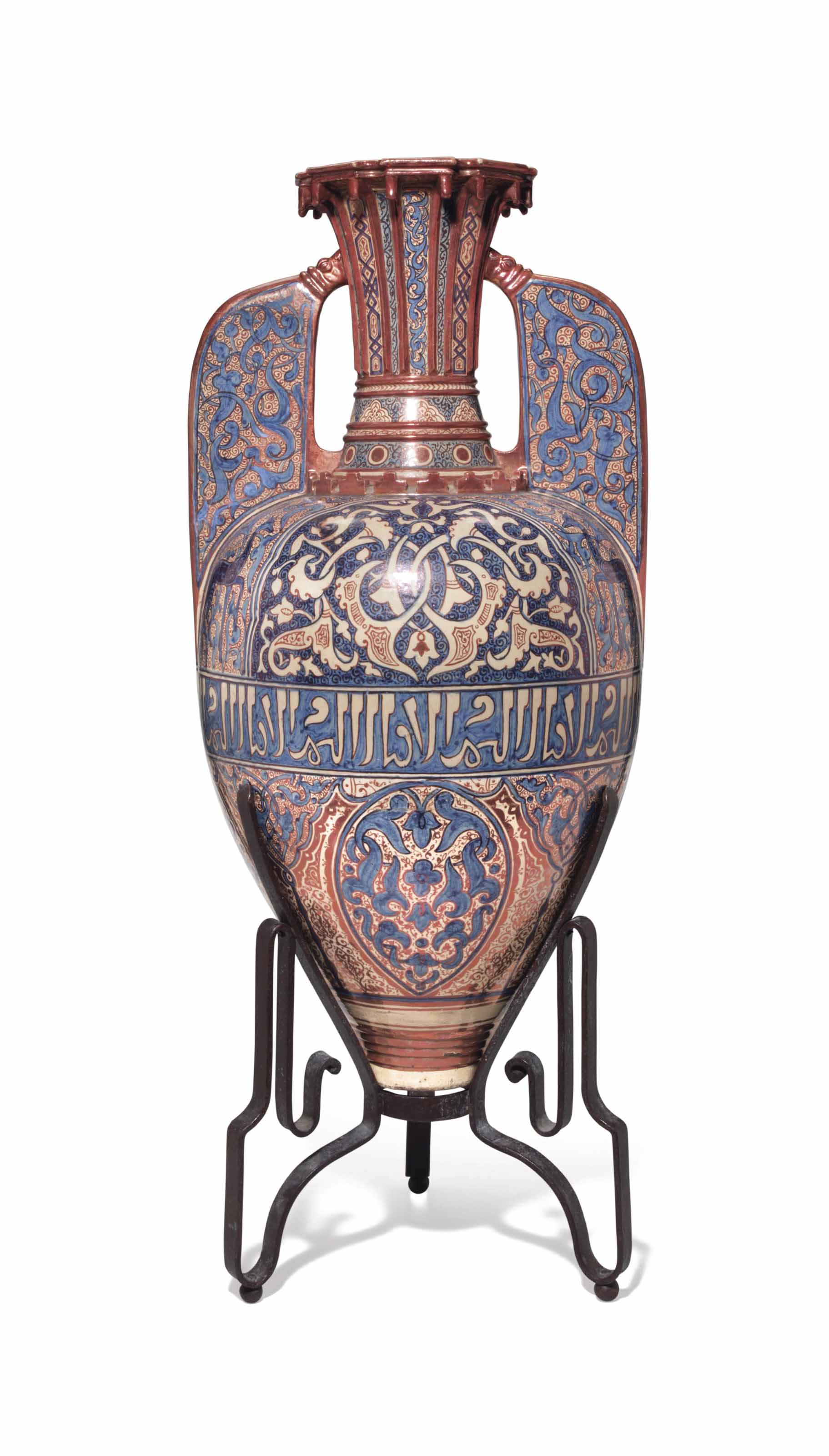 A CONTINENTAL EARTHENWARE COPPERLUSTRE AND BLUE ALHAMBRA AMPHORA VASE