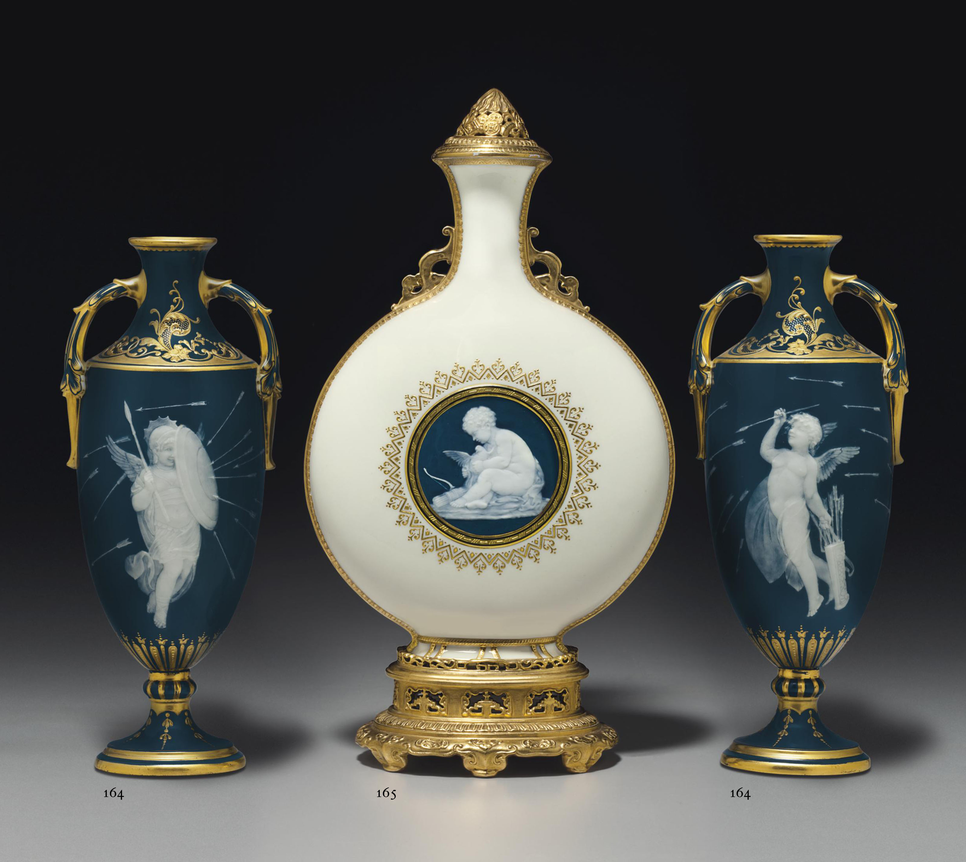 A PAIR OF MINTONS PATESURPATE PEACOCKBLUE VASES, 'ARROWS