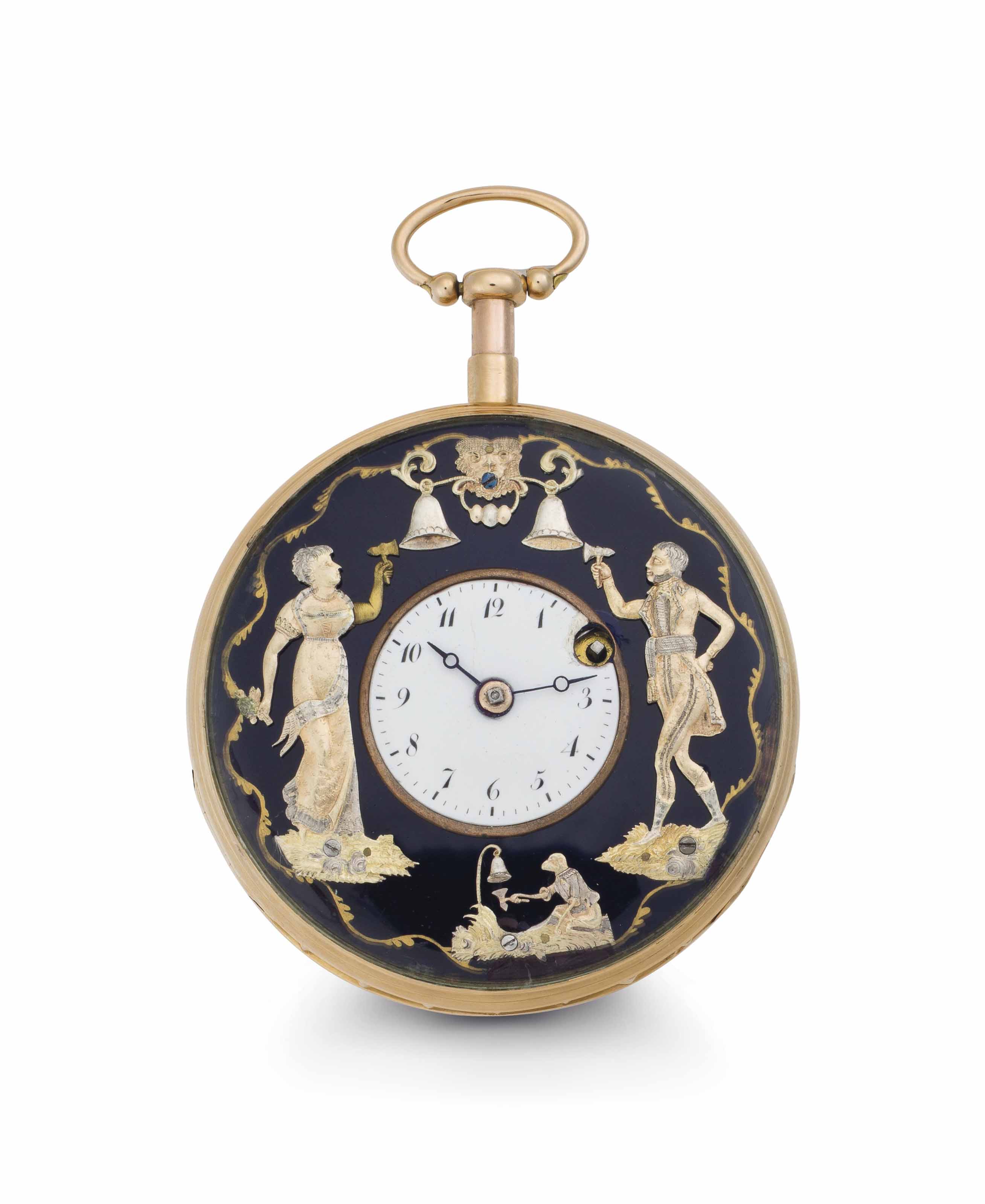 Anonymous. An 18k Pink Gold Quarter Repeating Openface Three Motion Keywound Jaquemart Watch