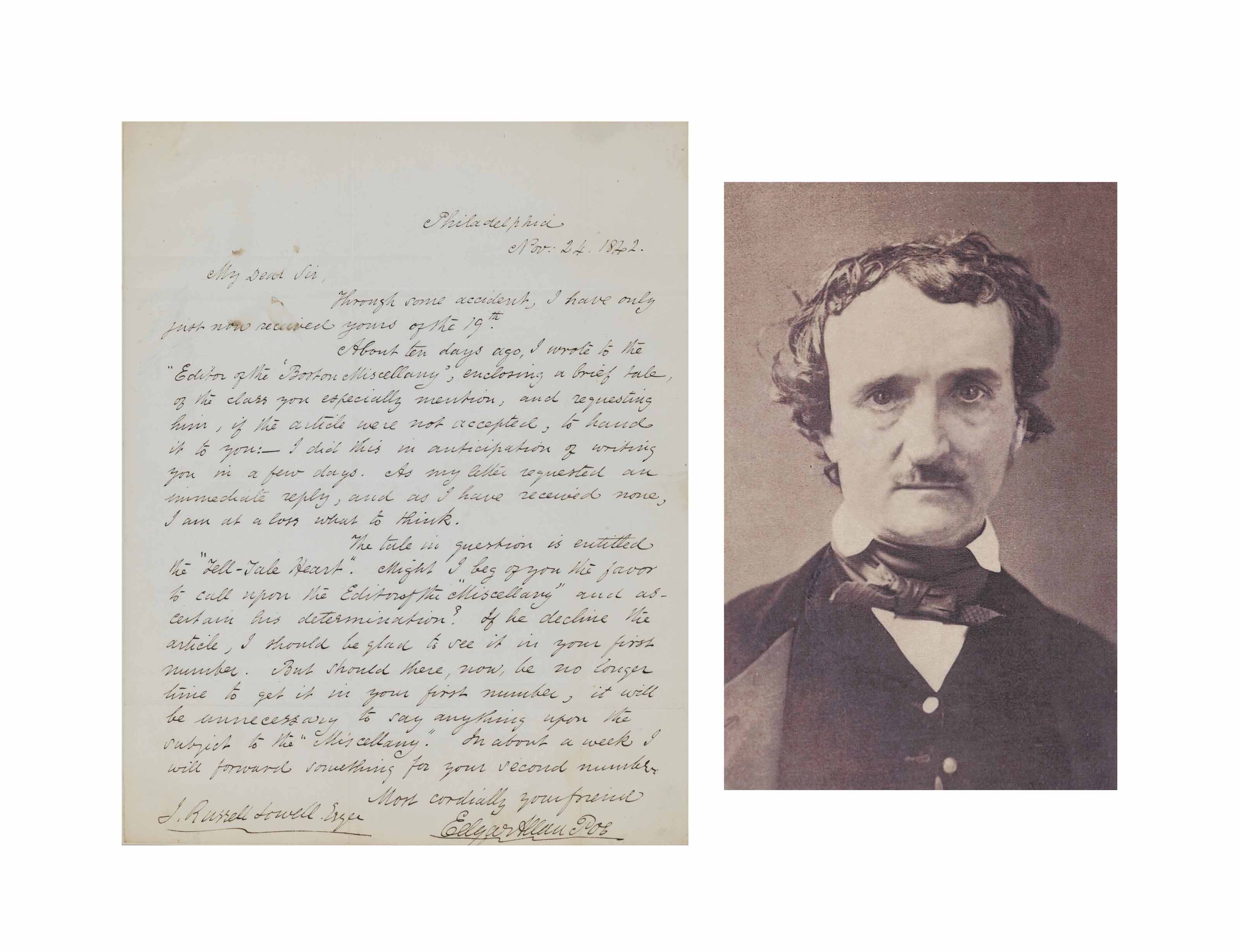 Poe Edgar Allan 1809 1849 Autograph Letter Signed In Full Edgar Allan Poe To James Russell Lowell Philadelphia 24 November 1842 1 Page 4to Tipped At Four Corners To Another Sheet Recipient S Docket