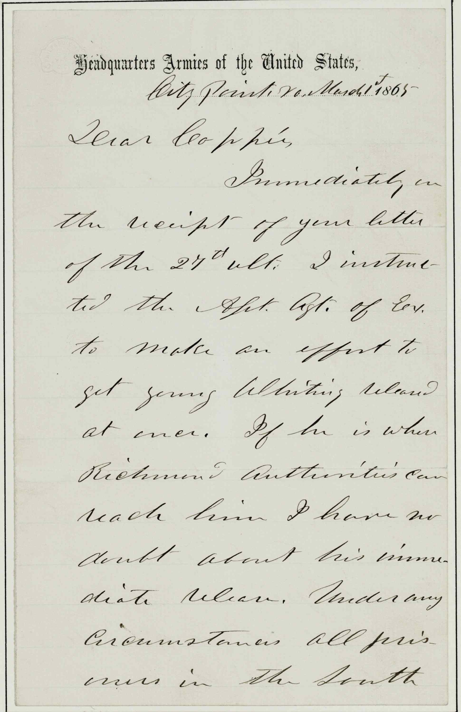 Grant Ulysses S Autograph Letter Signed U S Grant As Lt General To Coppie City Point