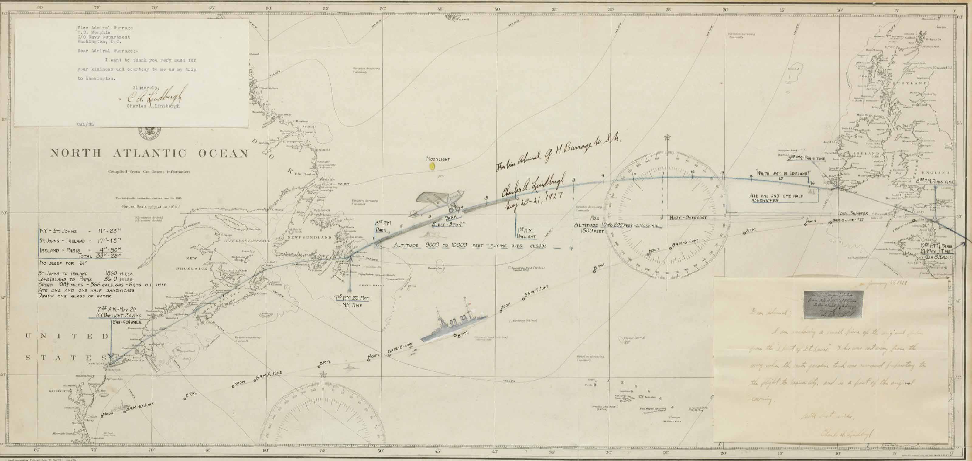 LINDBERGH, Charles A. (19021974), Aviator. Printed map of North