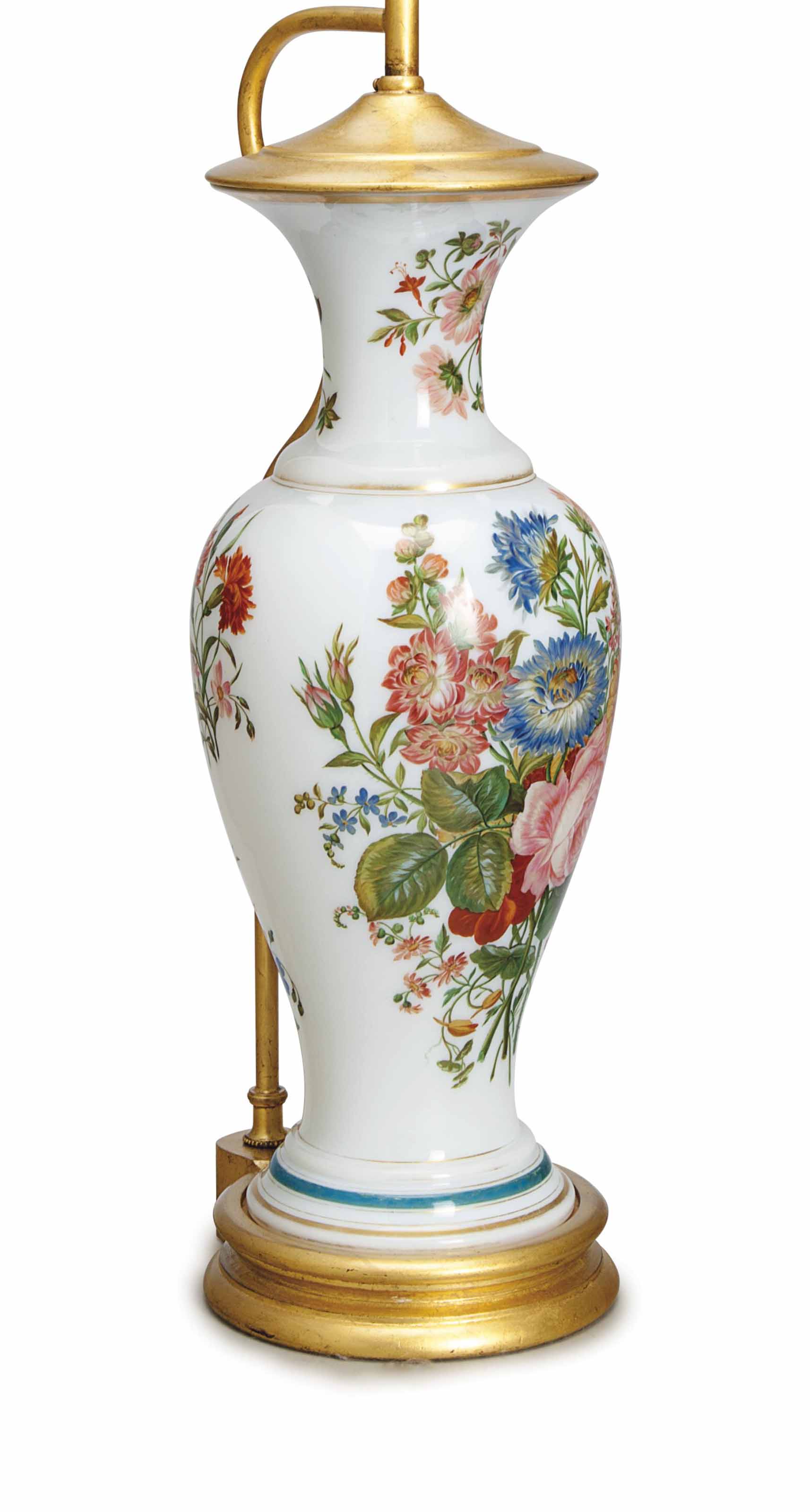 A French Opaque White Glass Vase Painted With Flowers Mounted As A