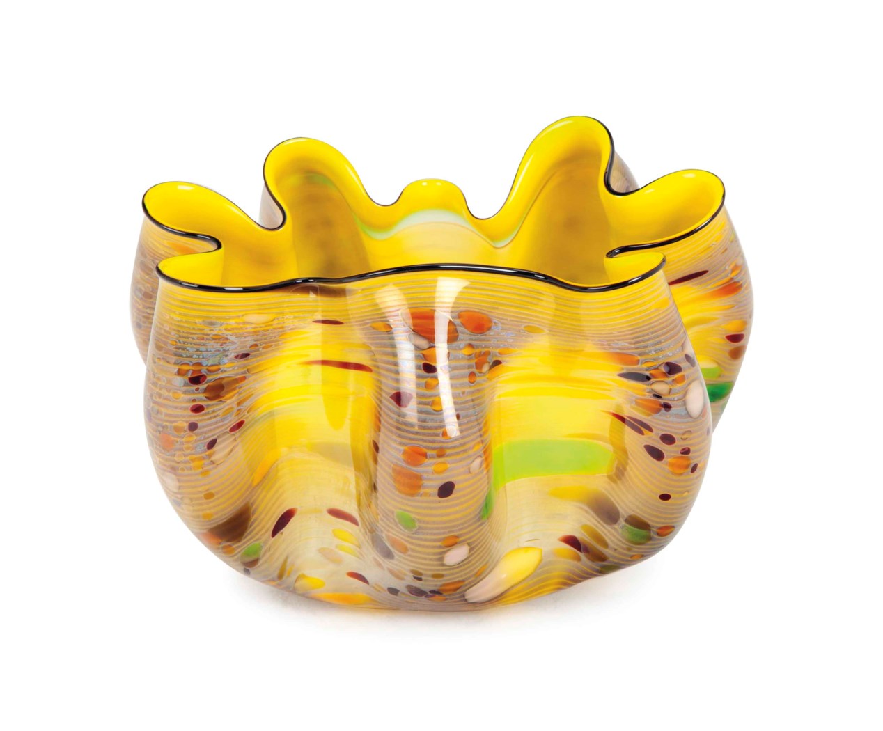 AN AMERICAN GLASS CADMIUM LEMON 'MACCHIA' WITH DARK OXBLOOD LIP WRAP,