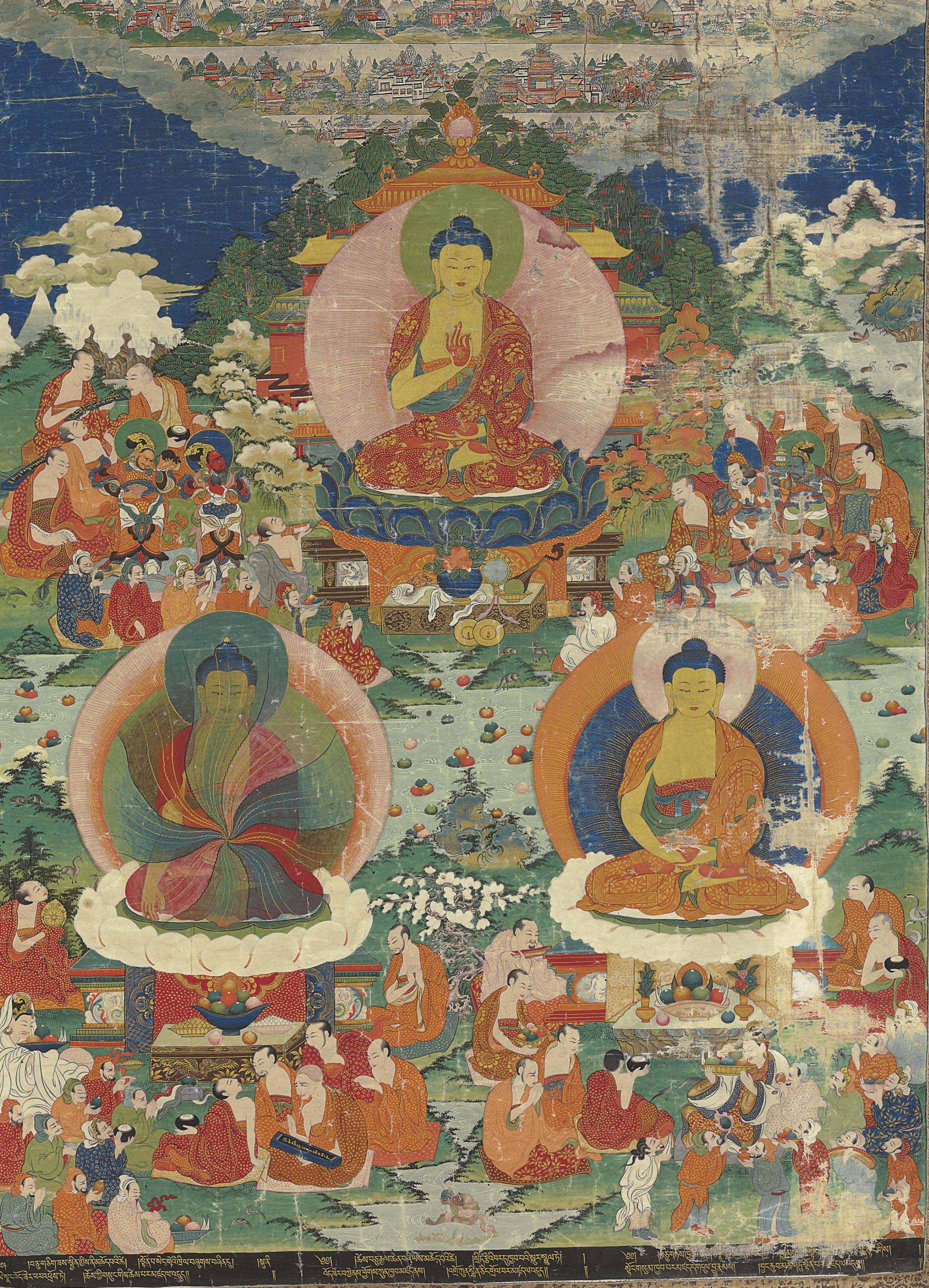 A Thangka With Three Miracles Of The Buddha Tibet 18th Century
