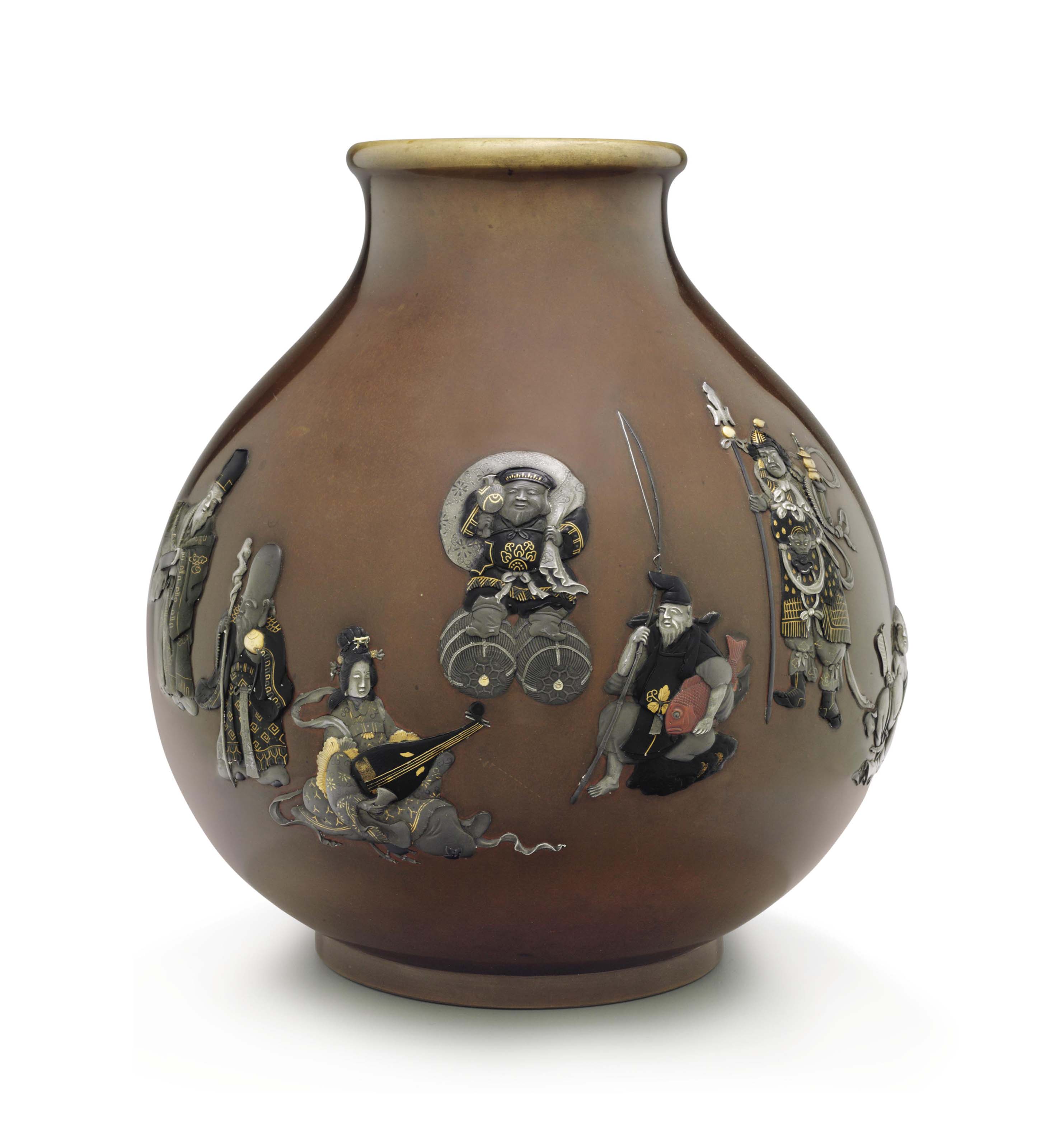 A soft-metal-decorated bronze vase , MEIJI PERIOD (LATE 19TH