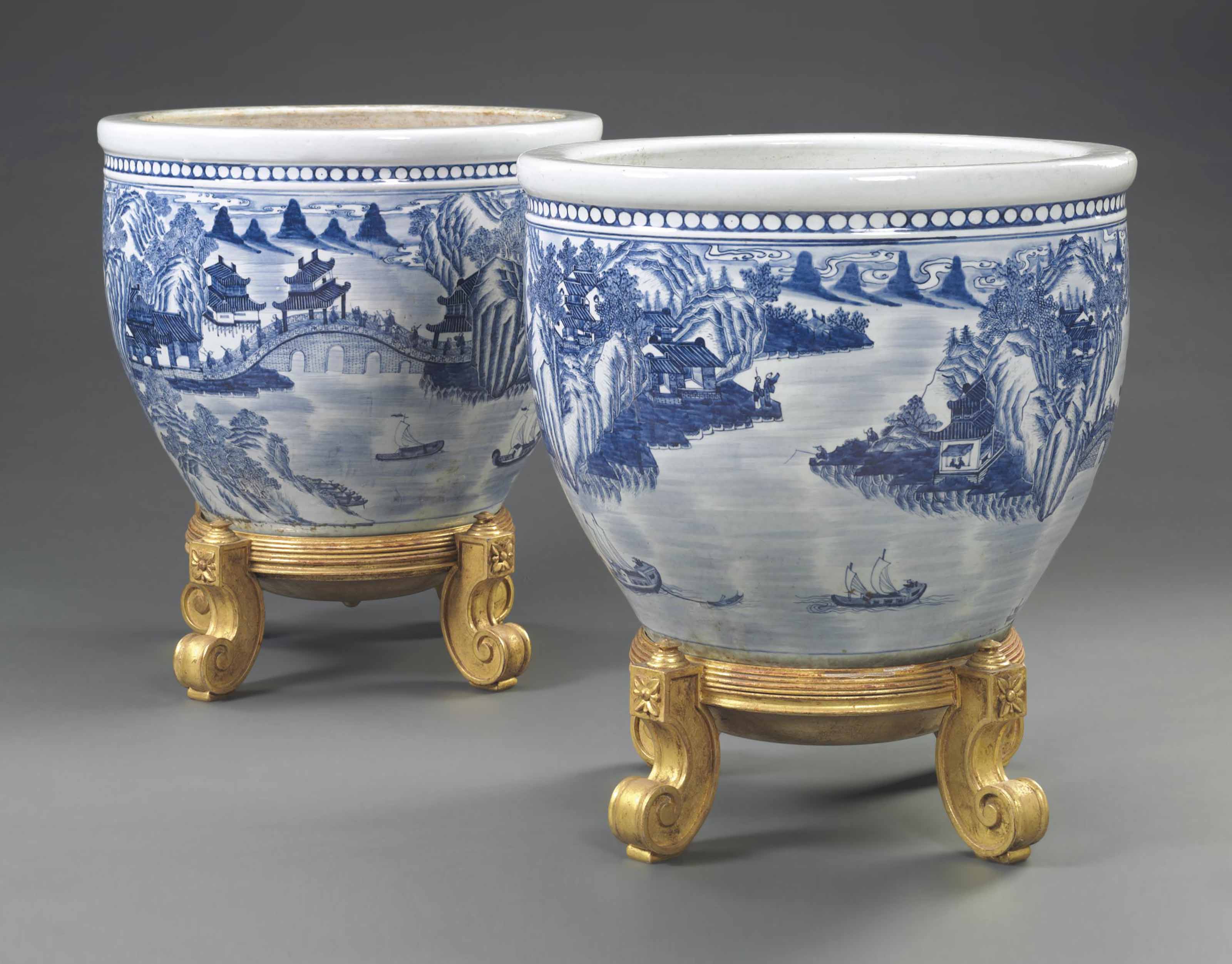 A PAIR OF LARGE BLUE AND WHITE JARDINIERES