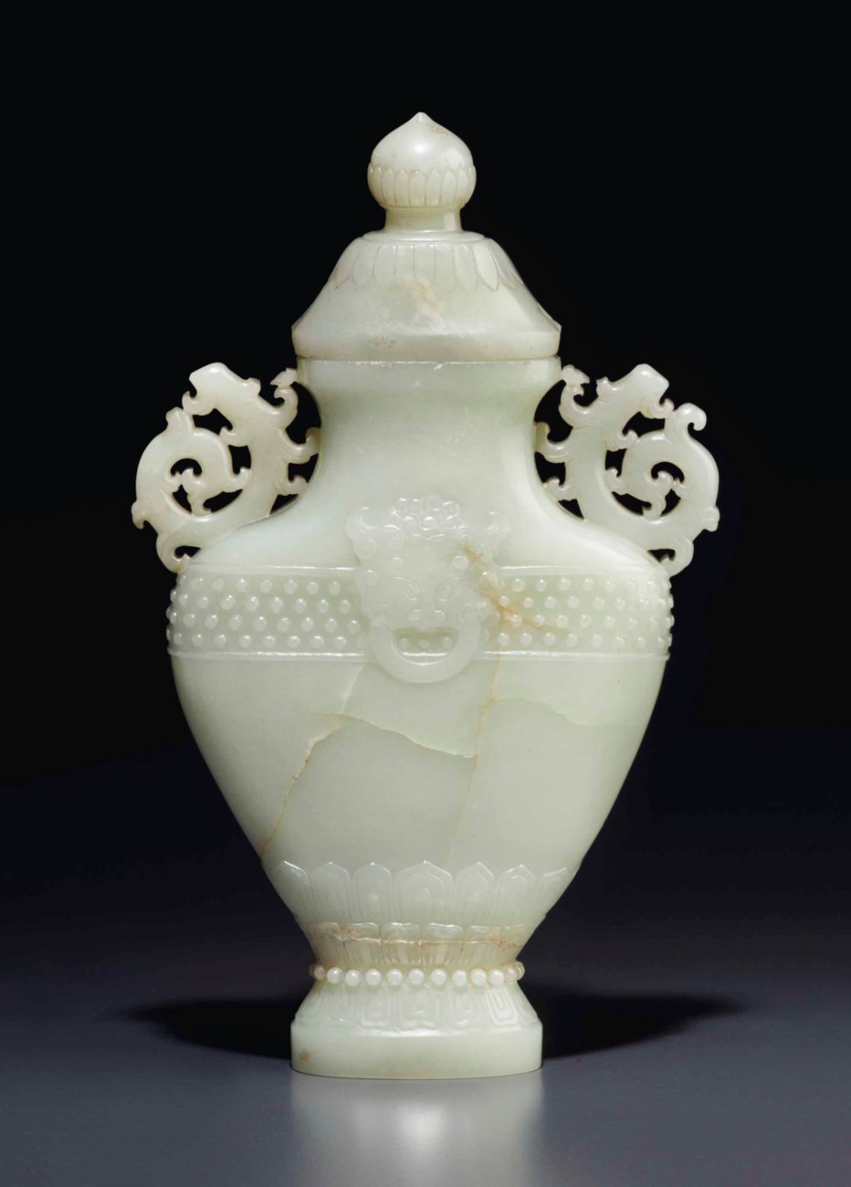 A PALE GREENISHWHITE JADE ARCHAISTIC VASE AND COVER , 18TH/EARLY 19TH