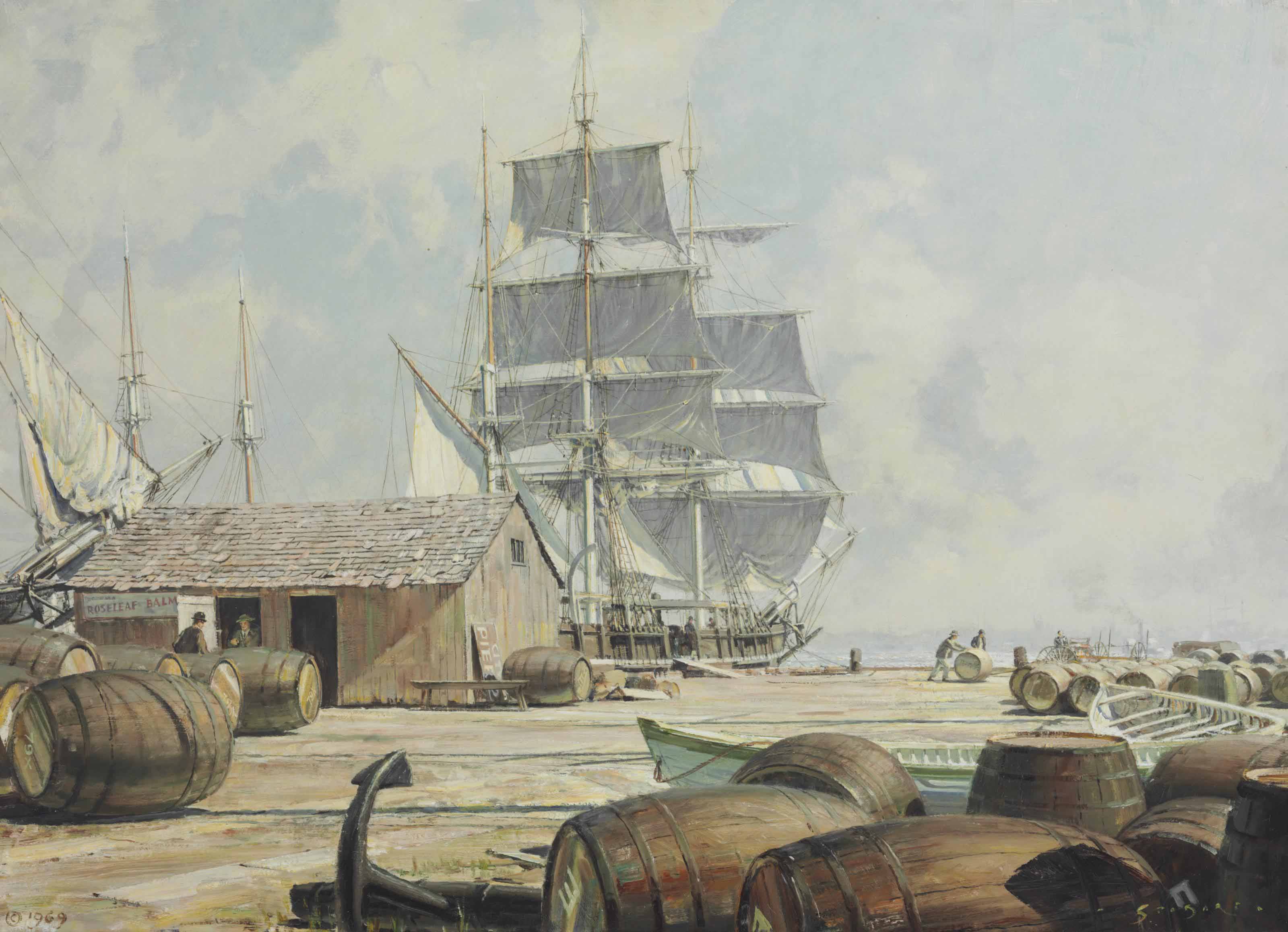 John Stobart (b. 1929) , Unloading Oil Casks, Merrill's Wharf, New