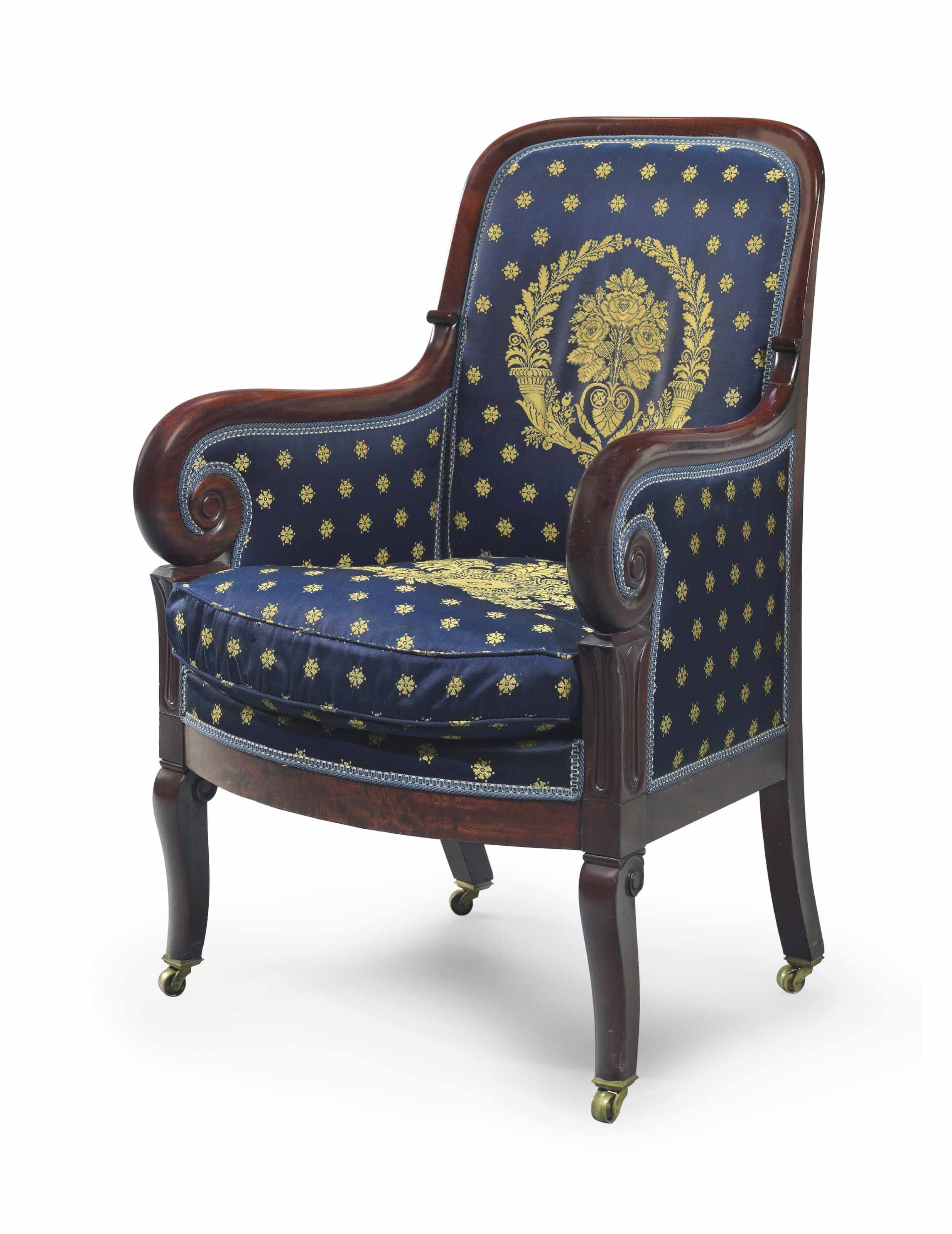THE LUMAN REED CLASSICAL CARVED AND FIGURED MAHOGANY UPHOLSTERED