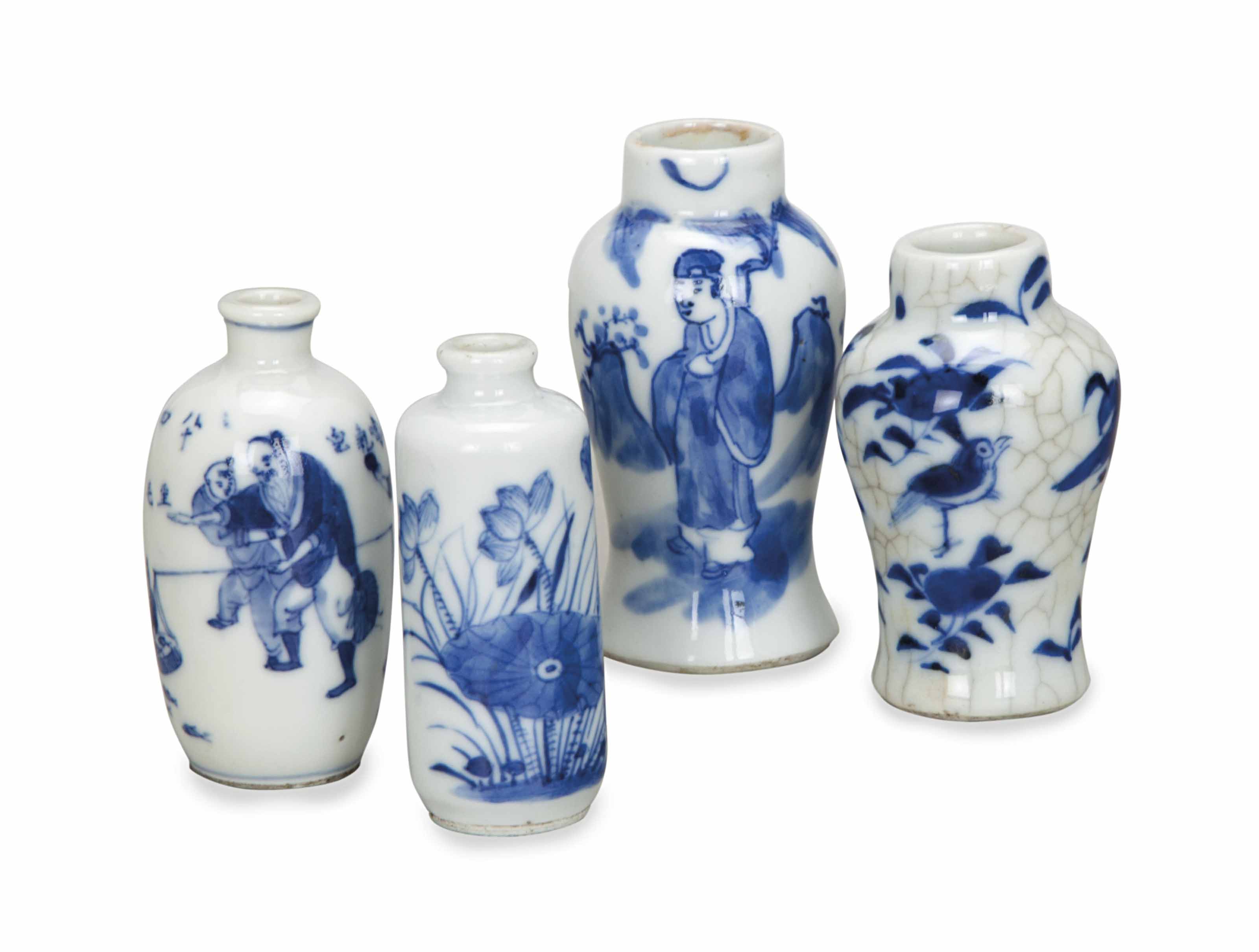 Four Small Chinese Blue And White Vases Late Qing Dynasty