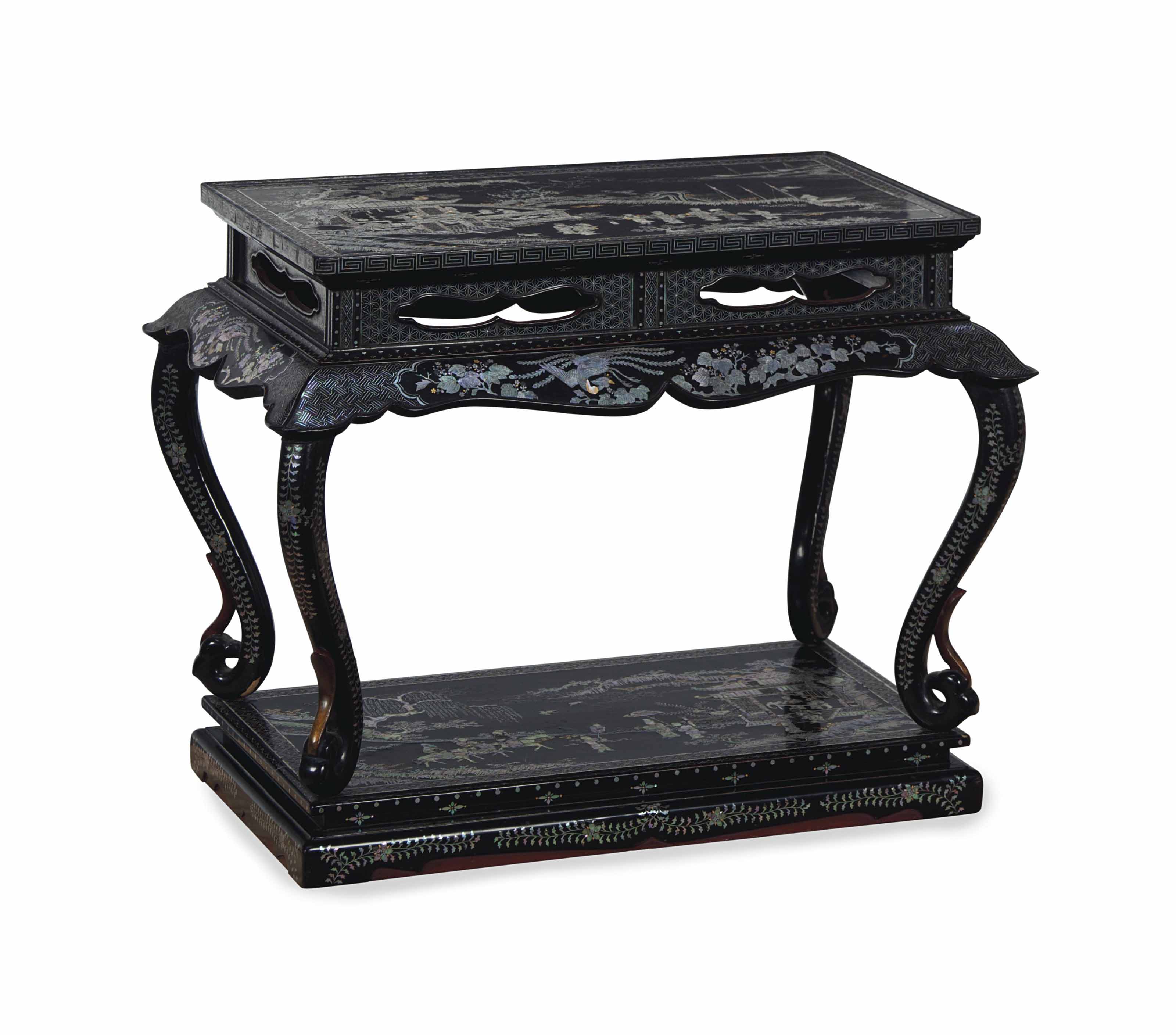 A JAPANESE LACQUER AND MOTHEROFPEARL INLAID TWO TIER LOW TABLE