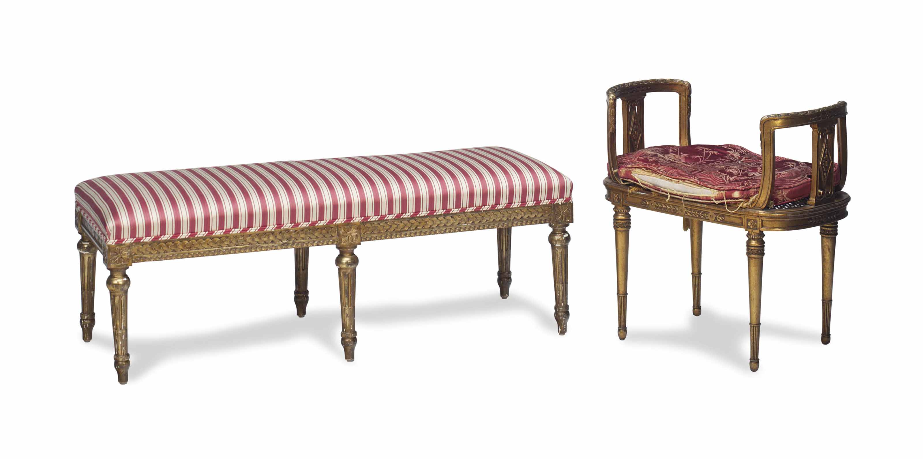A Louis Xvi Style Giltwood Bench And A Giltwood Caned Window Seat