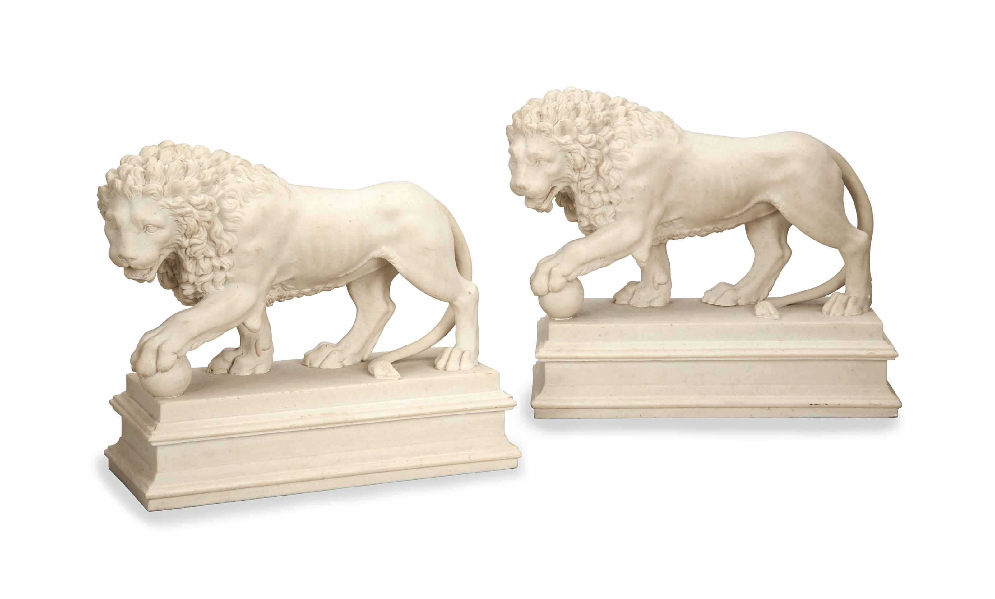 A PAIR OF WHITE MARBLE FIGURES OF STANDING LIONS, , 20TH CENTURY