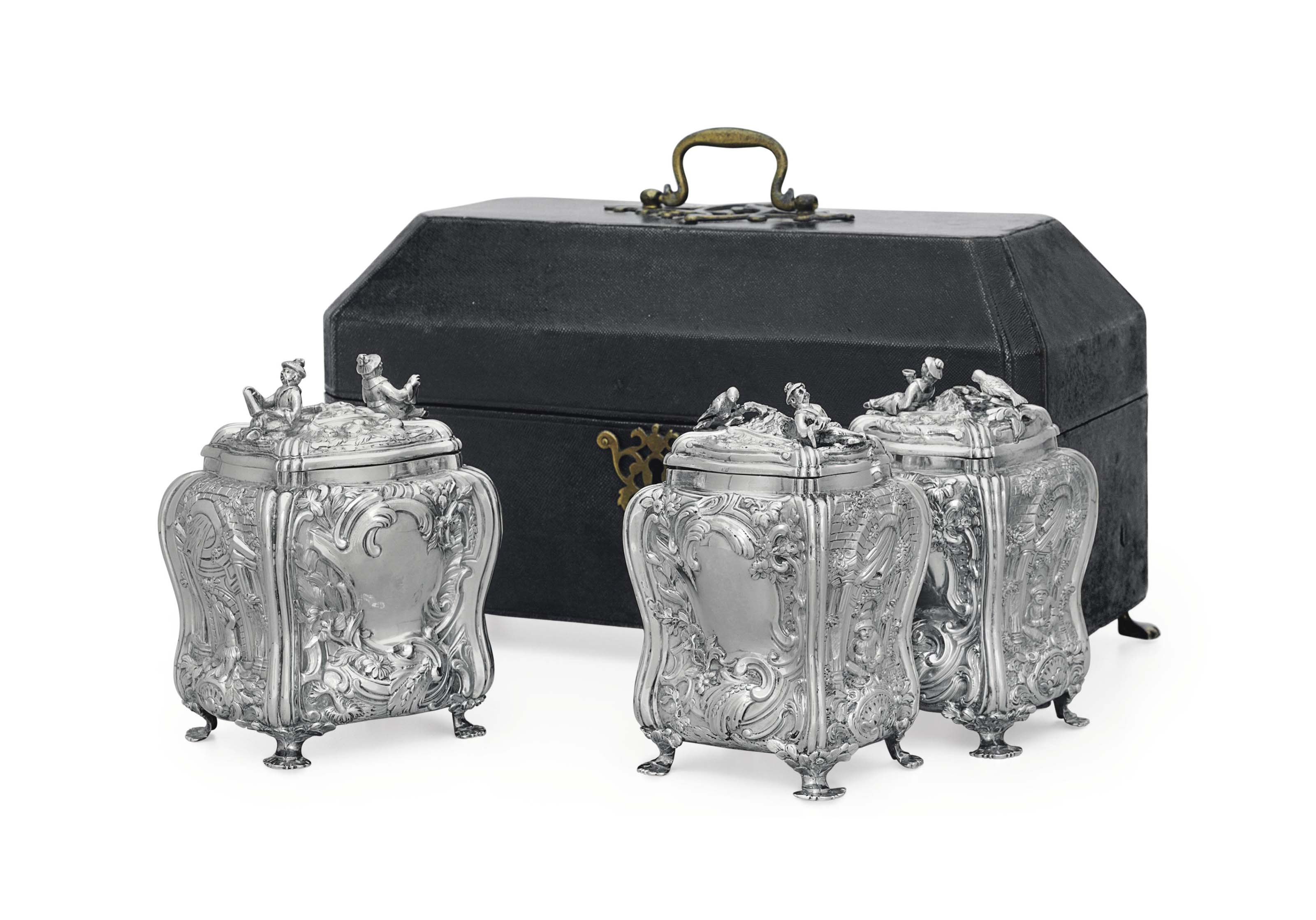 A III SILVER TEA CADDY SET IN FITTED CASE , MARK OF THOMAS PITTS