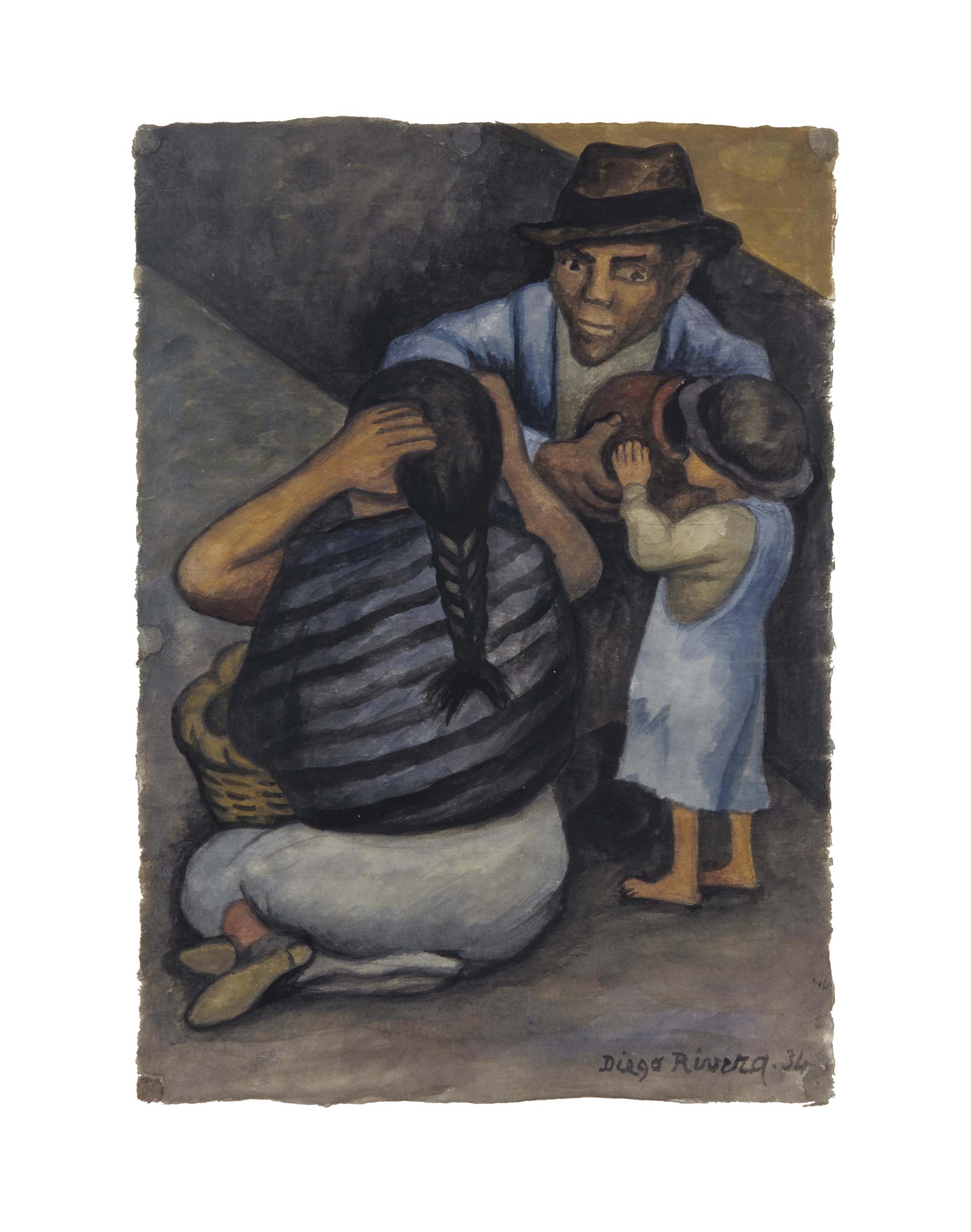 Man, Woman and Child with Clay Pot 
