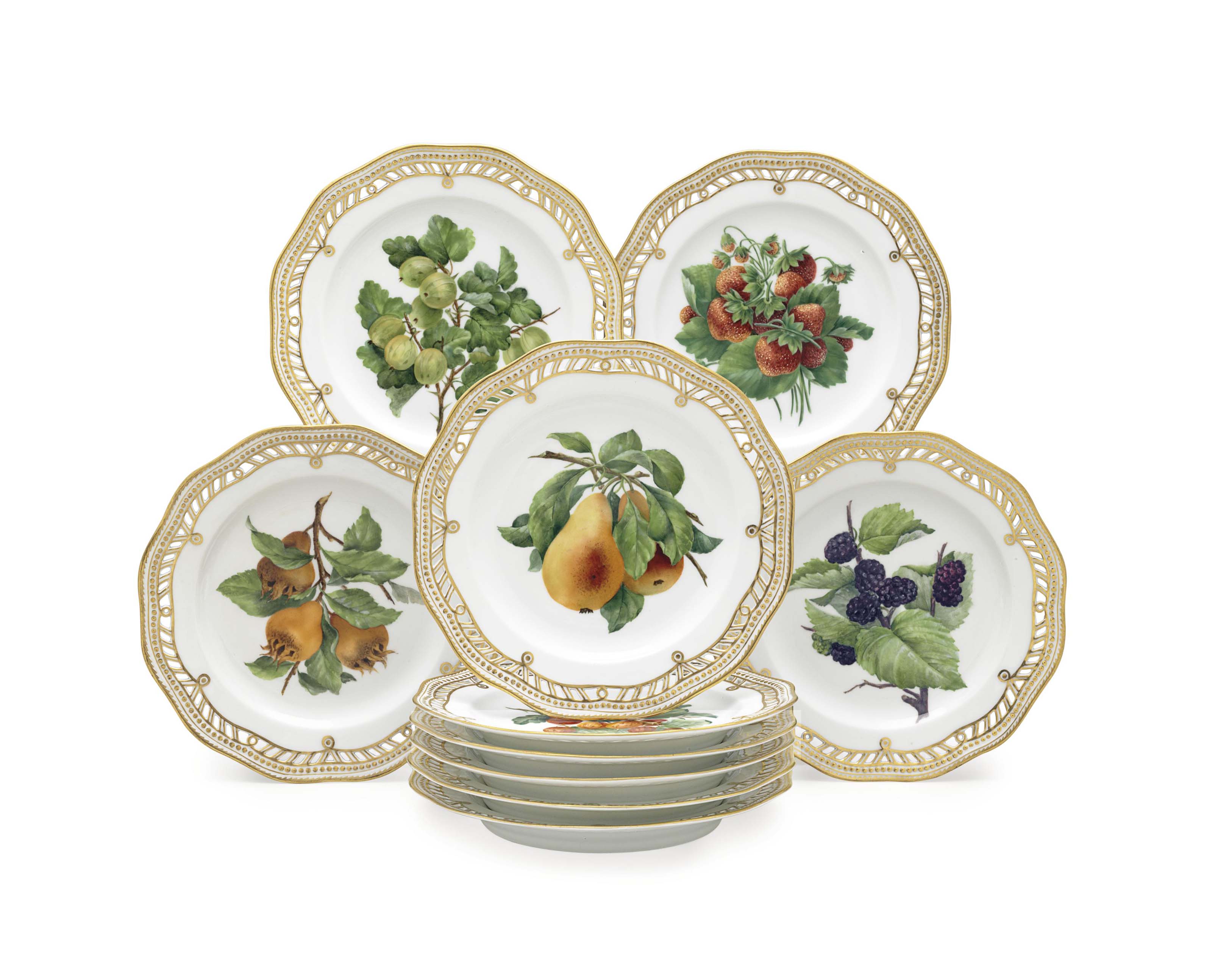 TEN ROYAL COPENHAGEN PORCELAIN BOTANICAL PIERCED FRUIT PLATES , NINE PLATES 19TH CENTURY, ONE