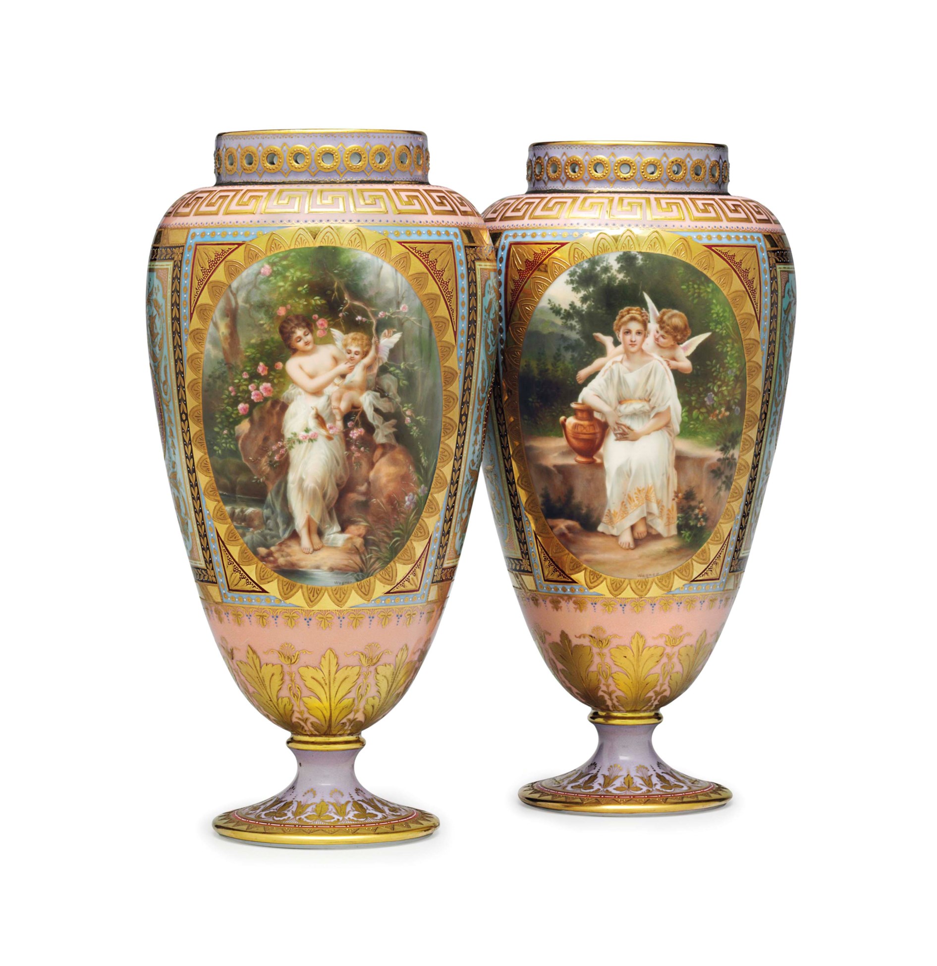 A PAIR OF VIENNA STYLE PORCELAIN POLYCHROME POTPOURRI VASES