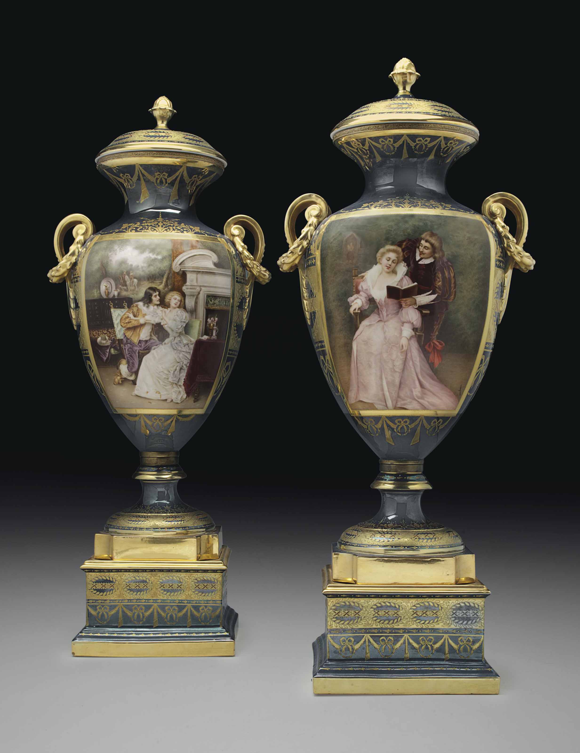 A Near Pair Of Vienna Style Porcelain Iridescent Slate Blue Vases