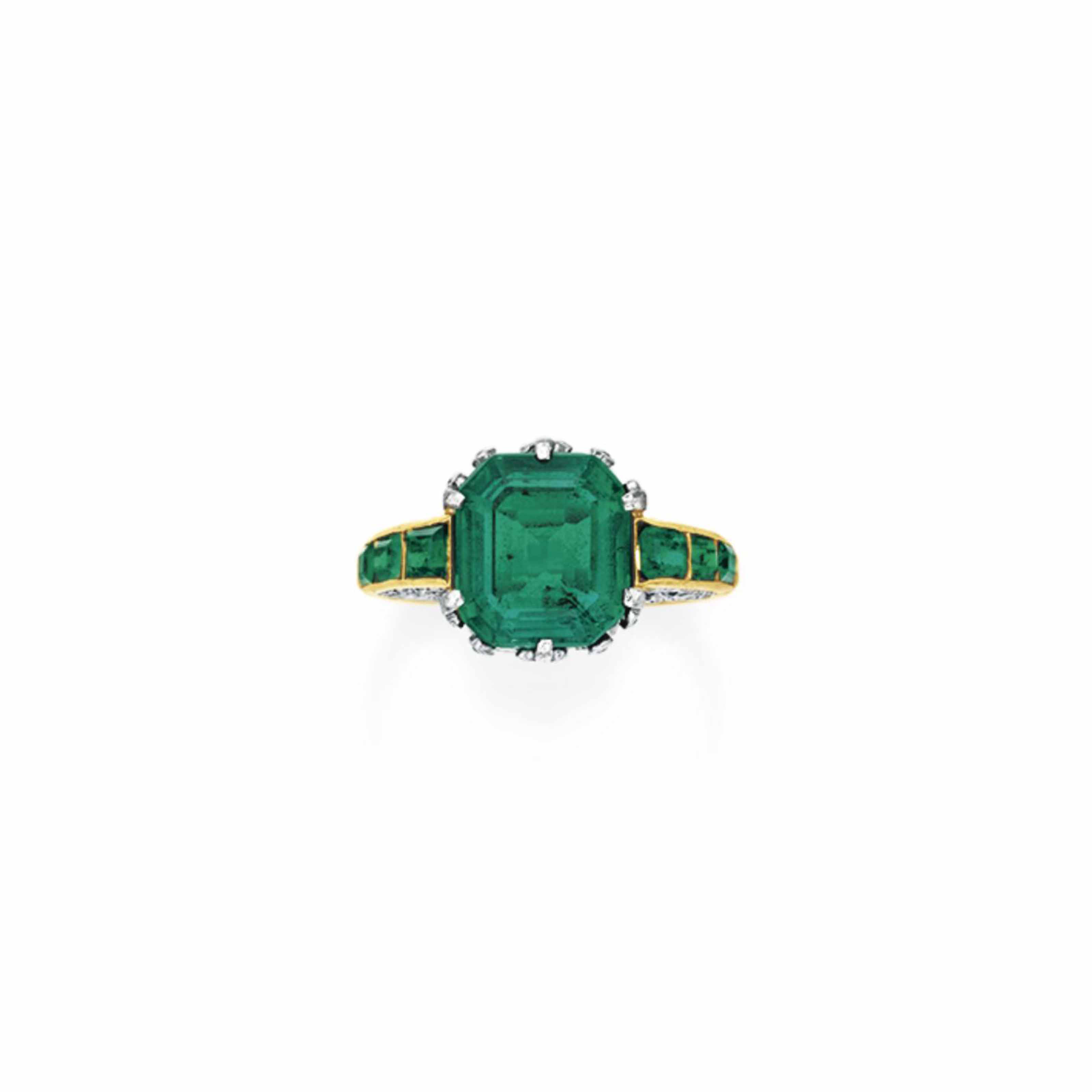 AN ANTIQUE EMERALD AND DIAMOND RING, BY 