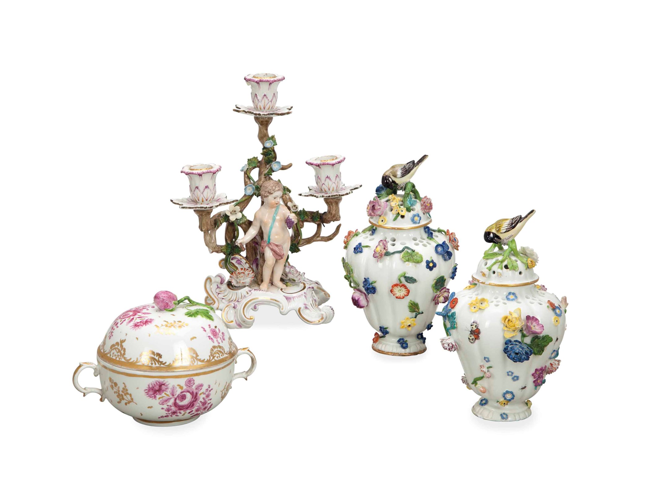 A PAIR OF GERMAN POTPOURRI JARS & COVERS, AND AN AUSTRIAN EQUELLE AND
