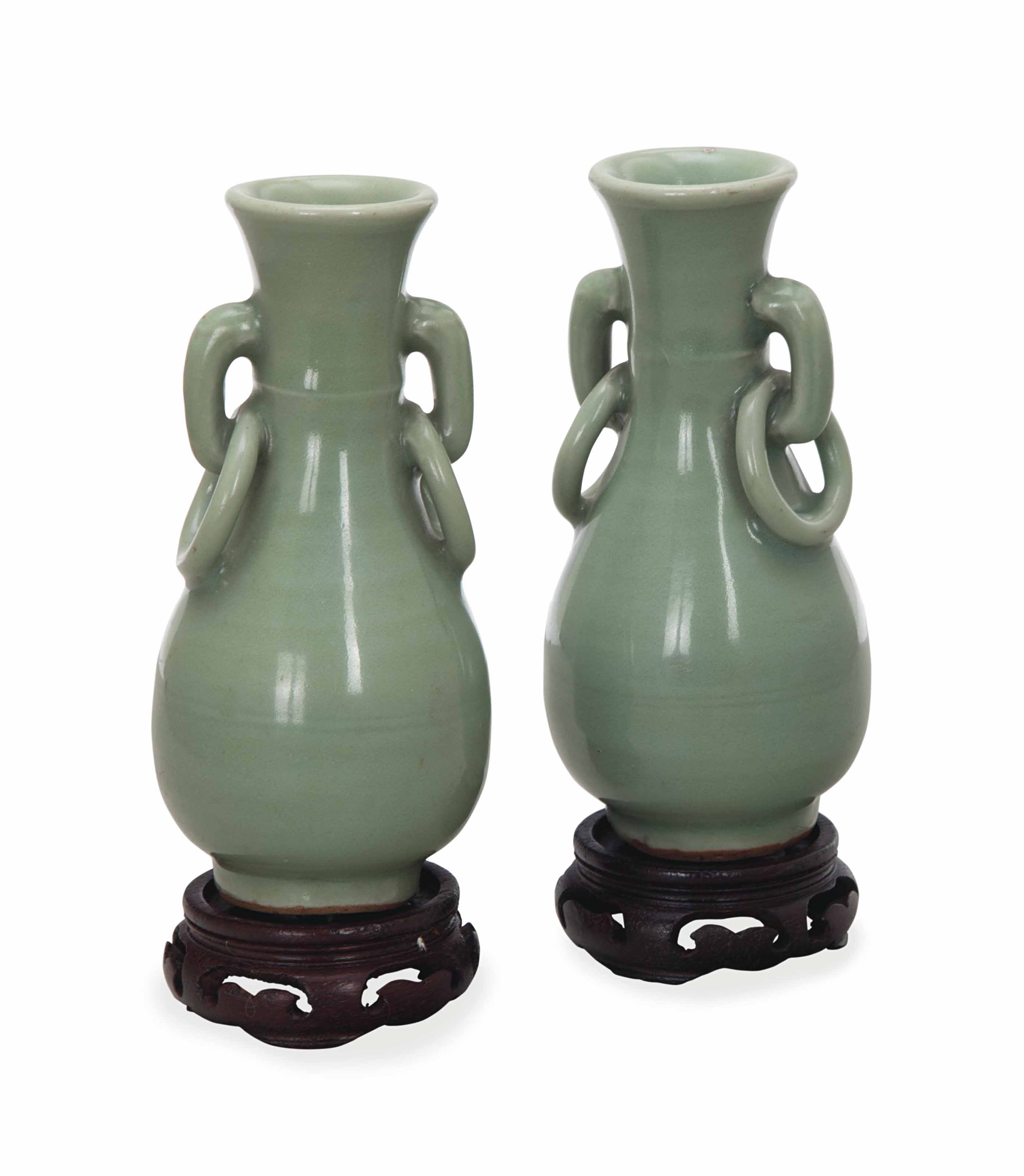 A PAIR OF CHINESE SMALL CELADON GLAZED PEAR FORM VASES, , MING DYNASTY
