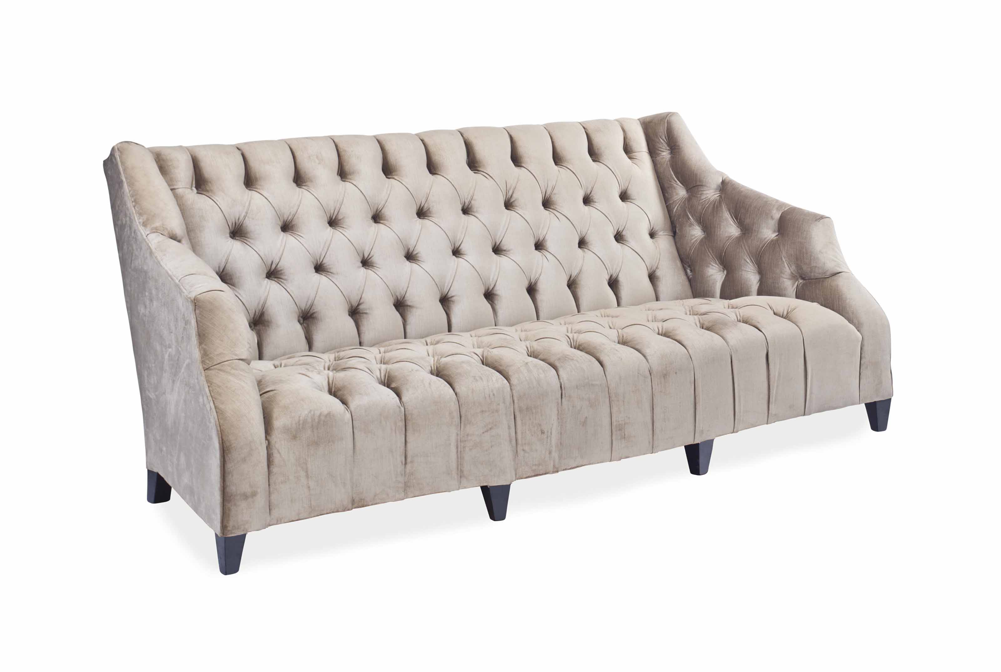 A PAIR OF GREY VELVETUPHOLSTERED BUTTONTUFTED SOFAS, , MODREN