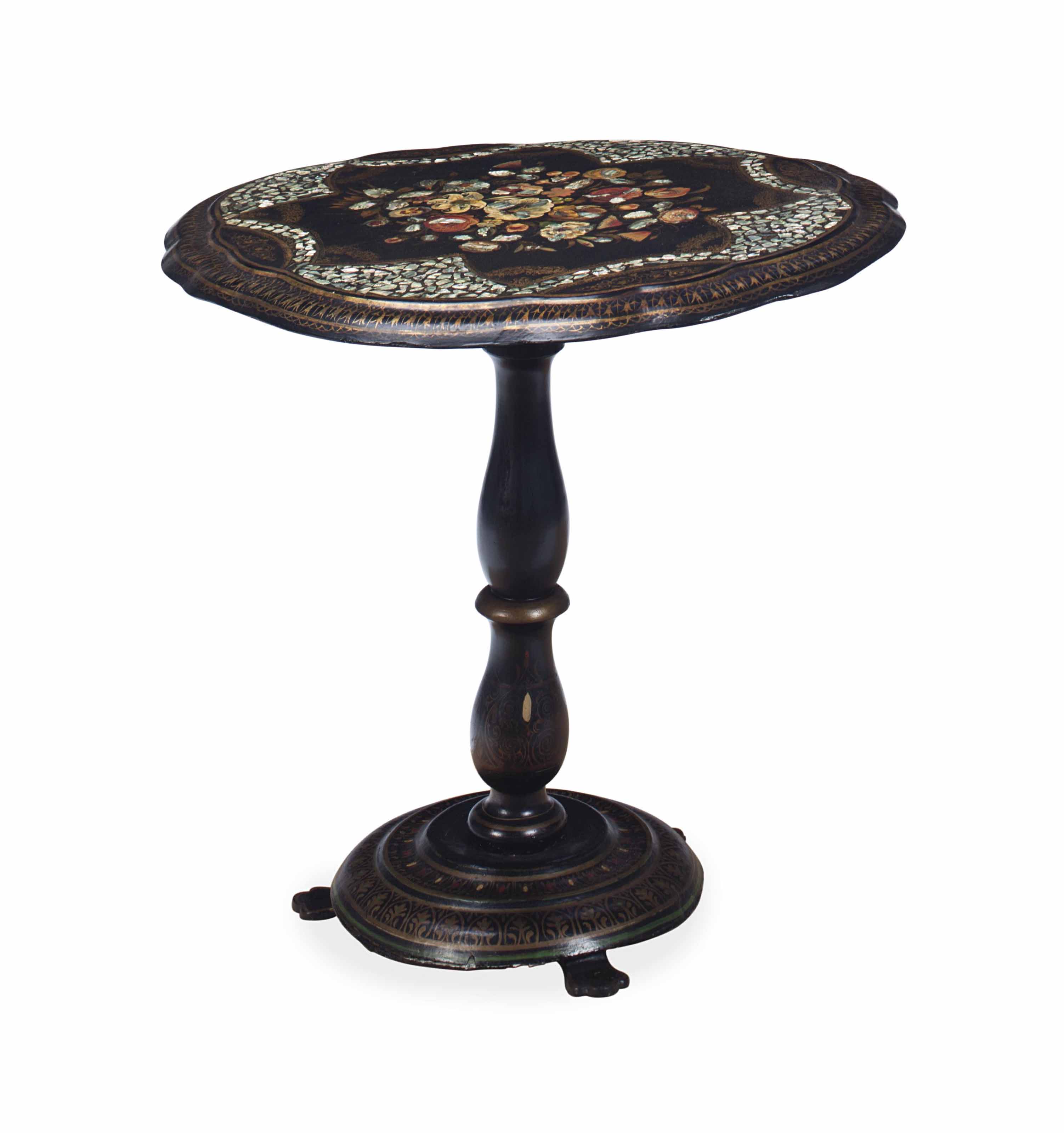 A VICTORIAN PAPIER MACHE TILT TOP TABLE,