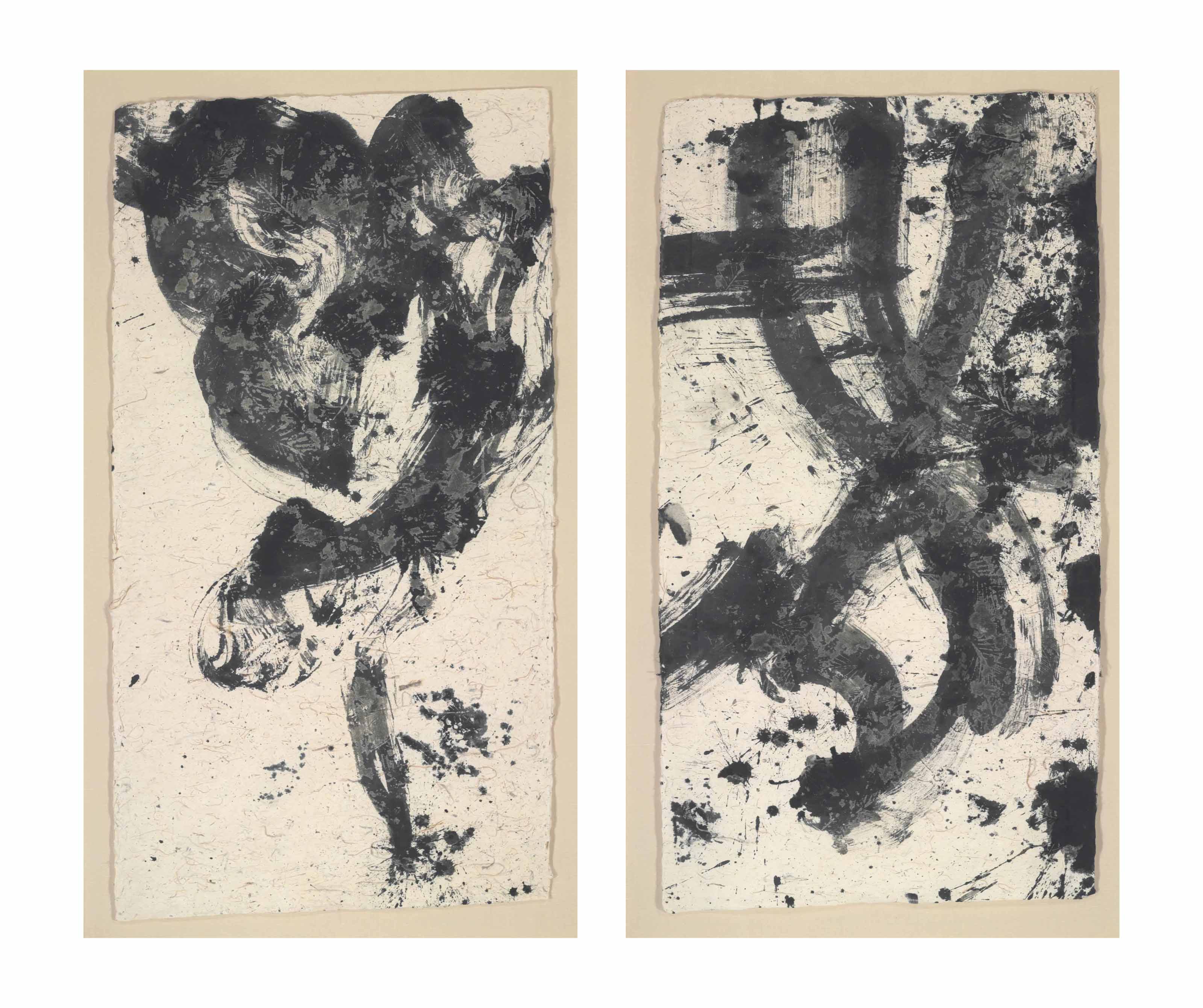 A PAIR OF JAPANESE BRUSHSTROKE PAINTINGS , INK ON PAPER, 20TH CENTURY