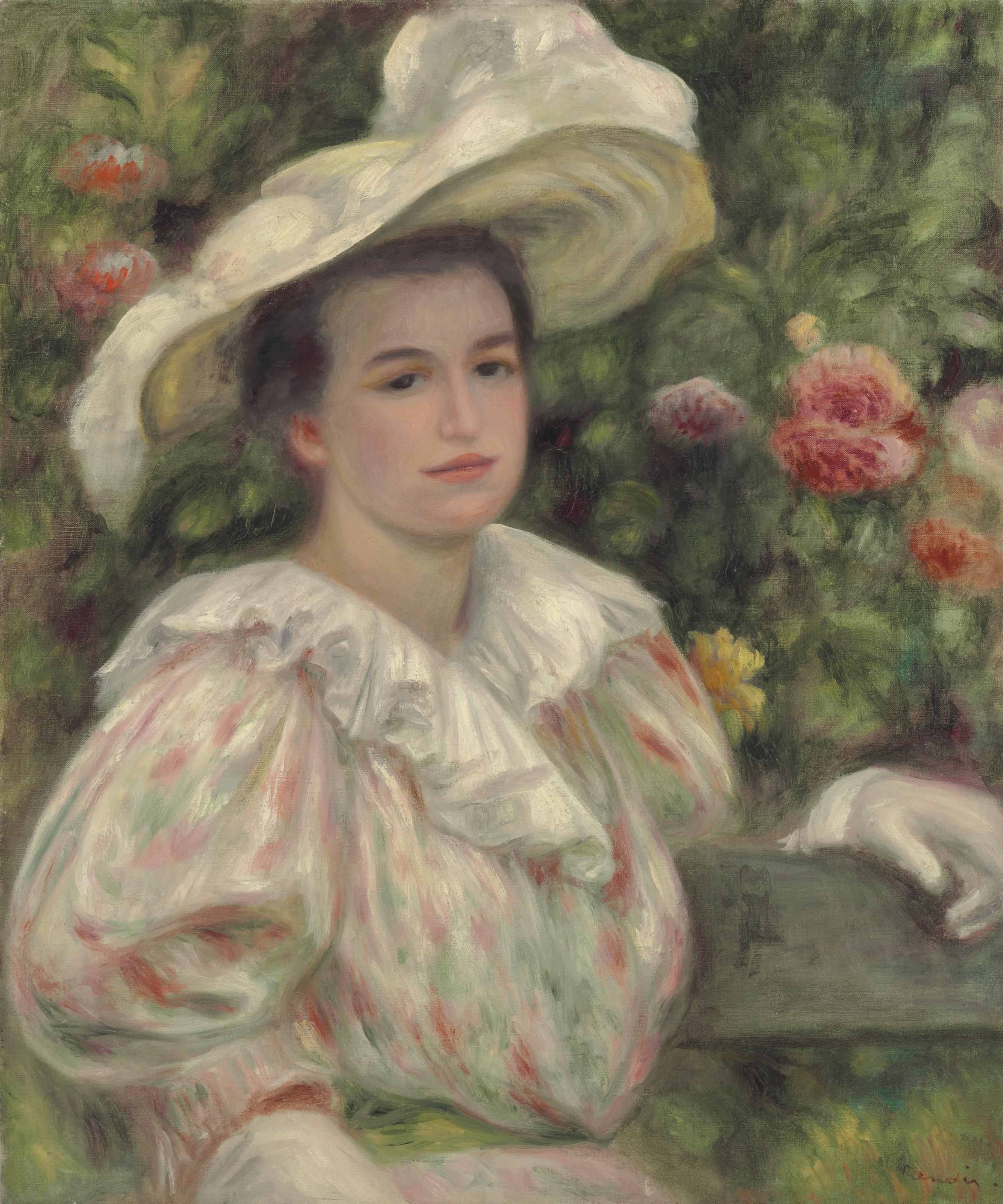 Pierre-Auguste Renoir (1841-1919) , Jeune fille dans les fleurs or Femme au chapeau blanc ...