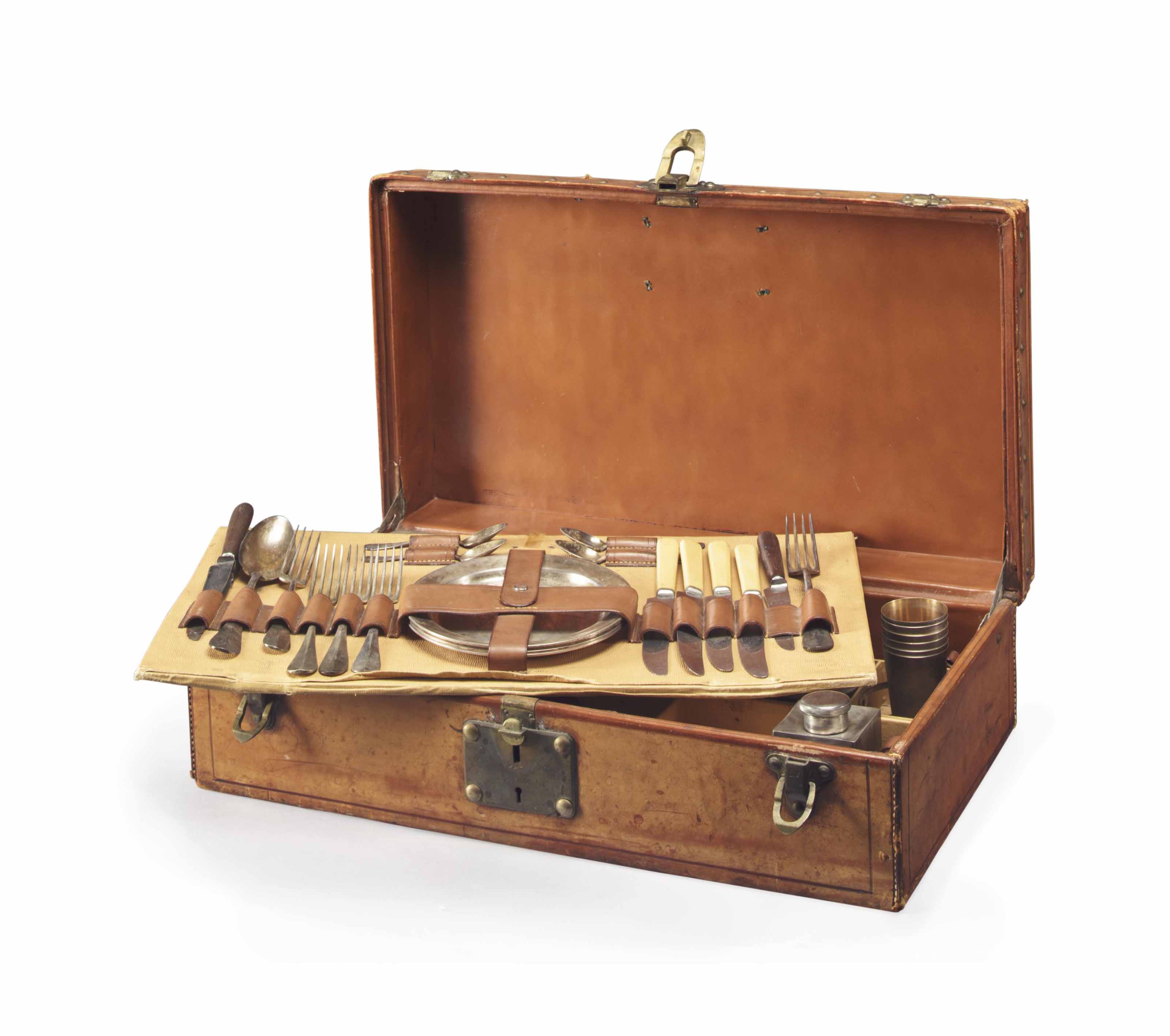 A LOUIS VUITTON LEATHER PICNIC SET SUITCASE , SECOND QUARTER 20TH