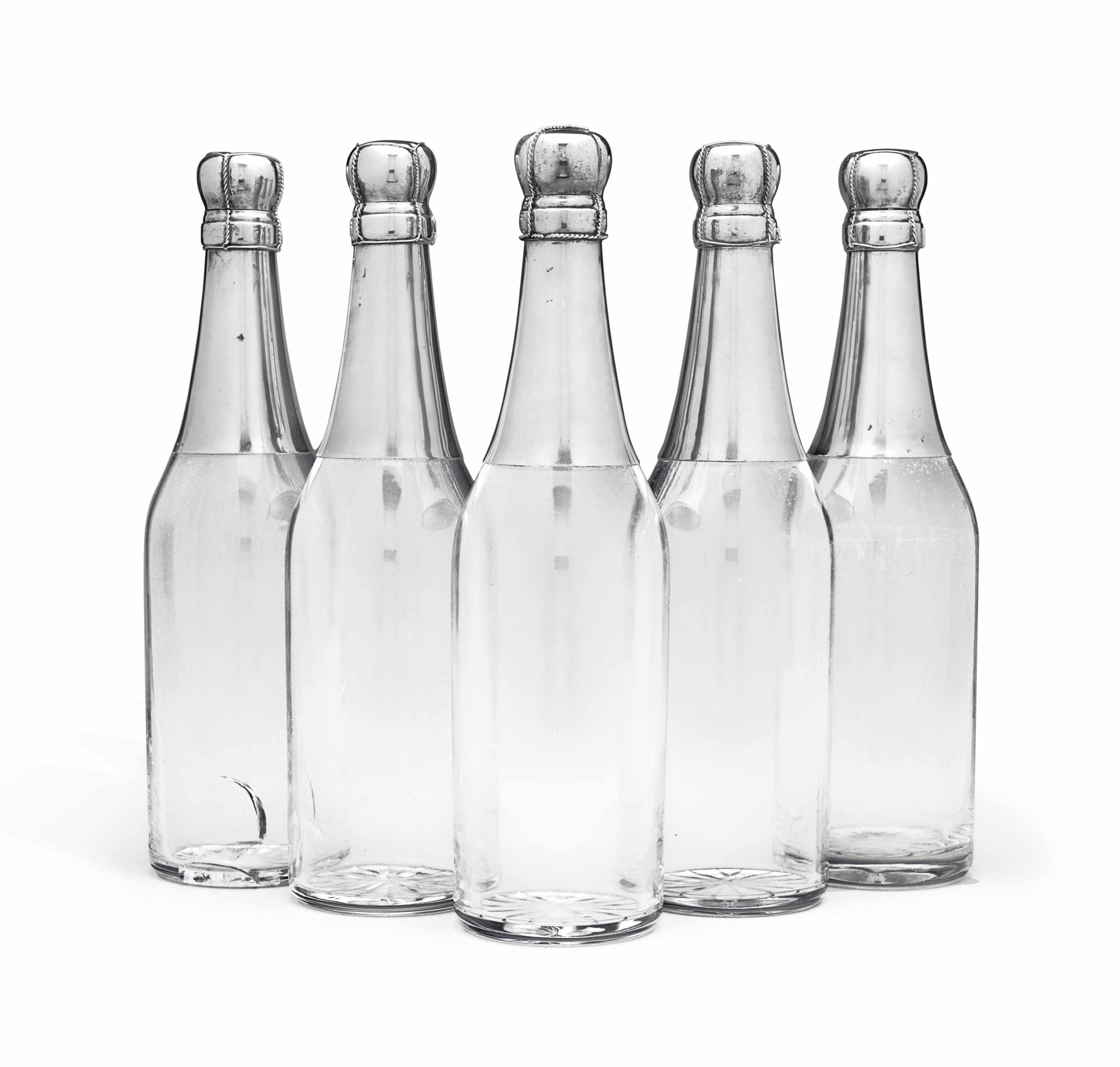 Five Italian Champagne Bottle Form Silver Mounted Glass Decanters