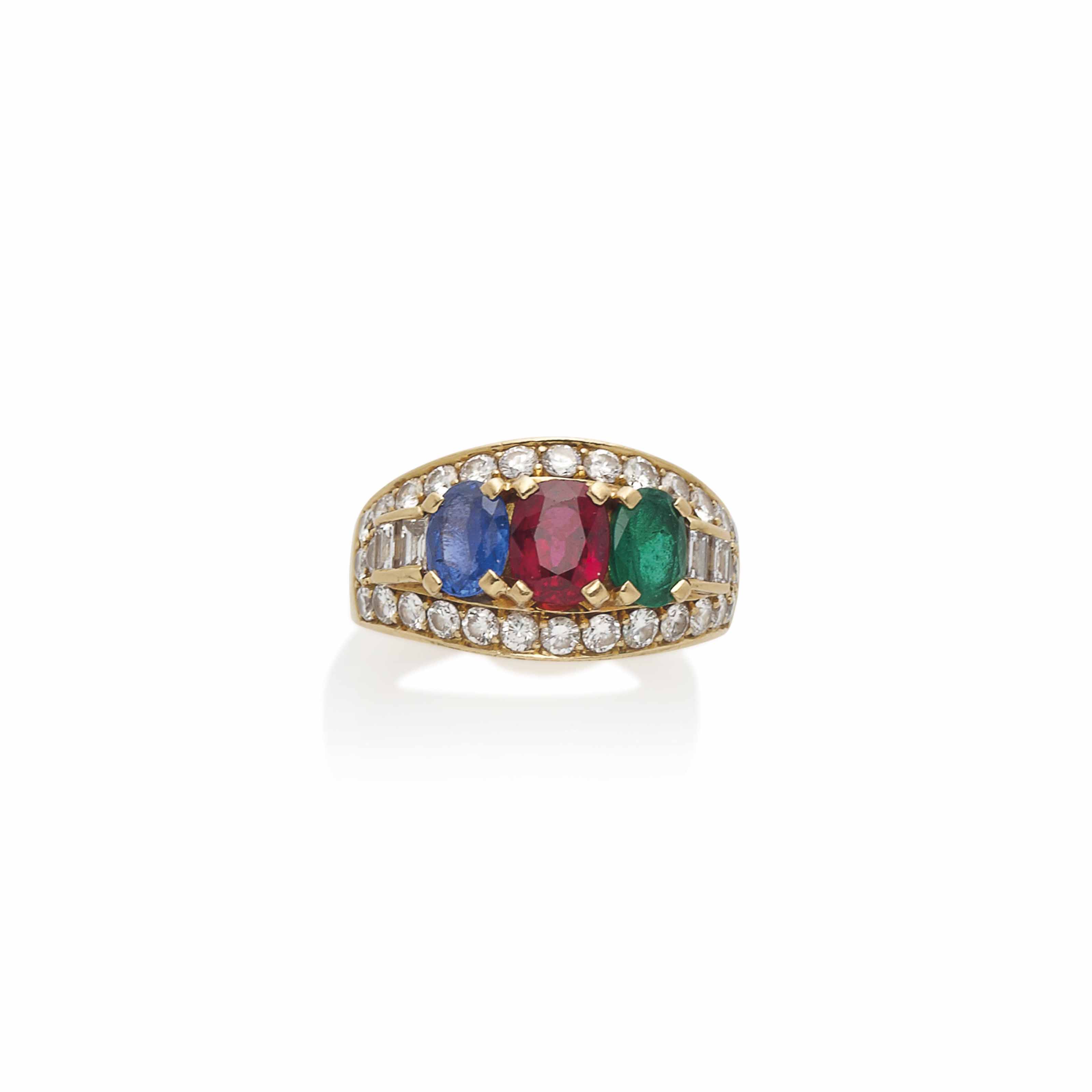 BAGUE SAPHIR, ÉMERAUDE, RUBIS ET DIAMANTS, PAR BULGARI Christie
